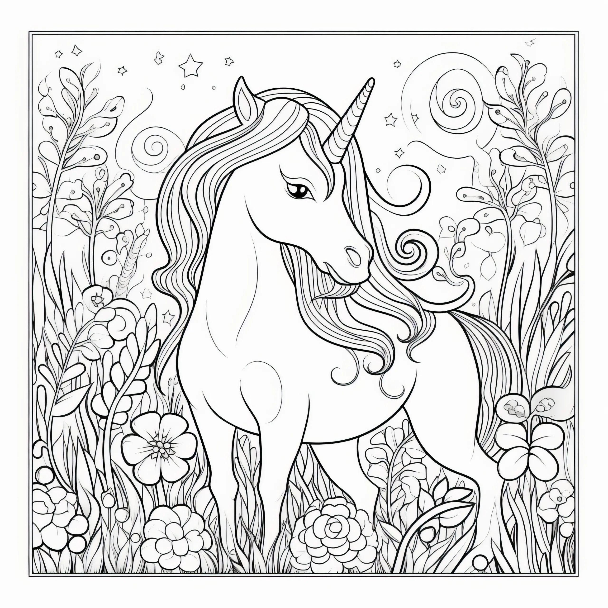 Elegantes Einhorn im prächtigen Blumenfeld: Bild zum Ausmalen (Kostenlos) (Ausmalbild)