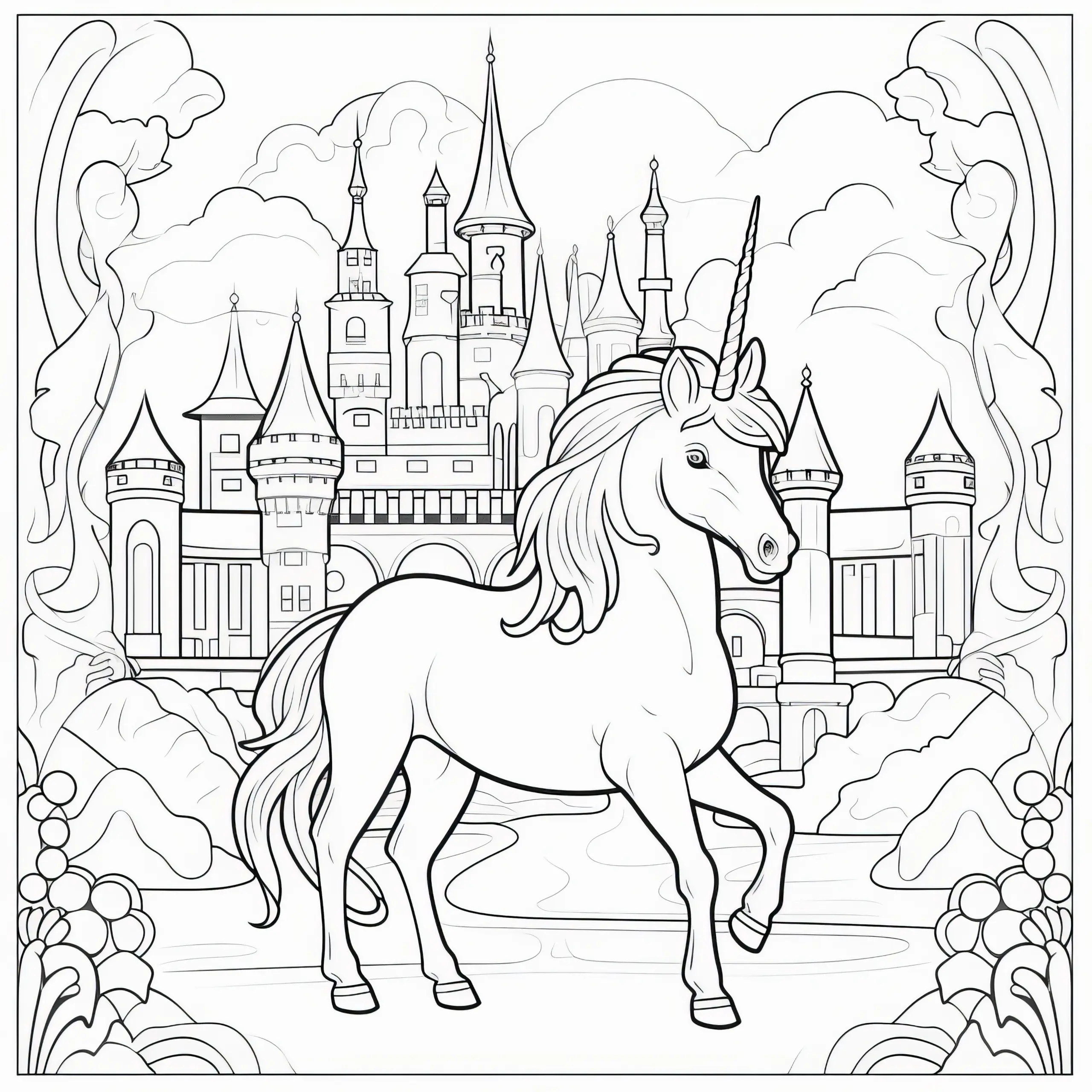 Elegantes Einhorn vor dem Schloss: Ausmalbild zum Herunterladen (Gratis)