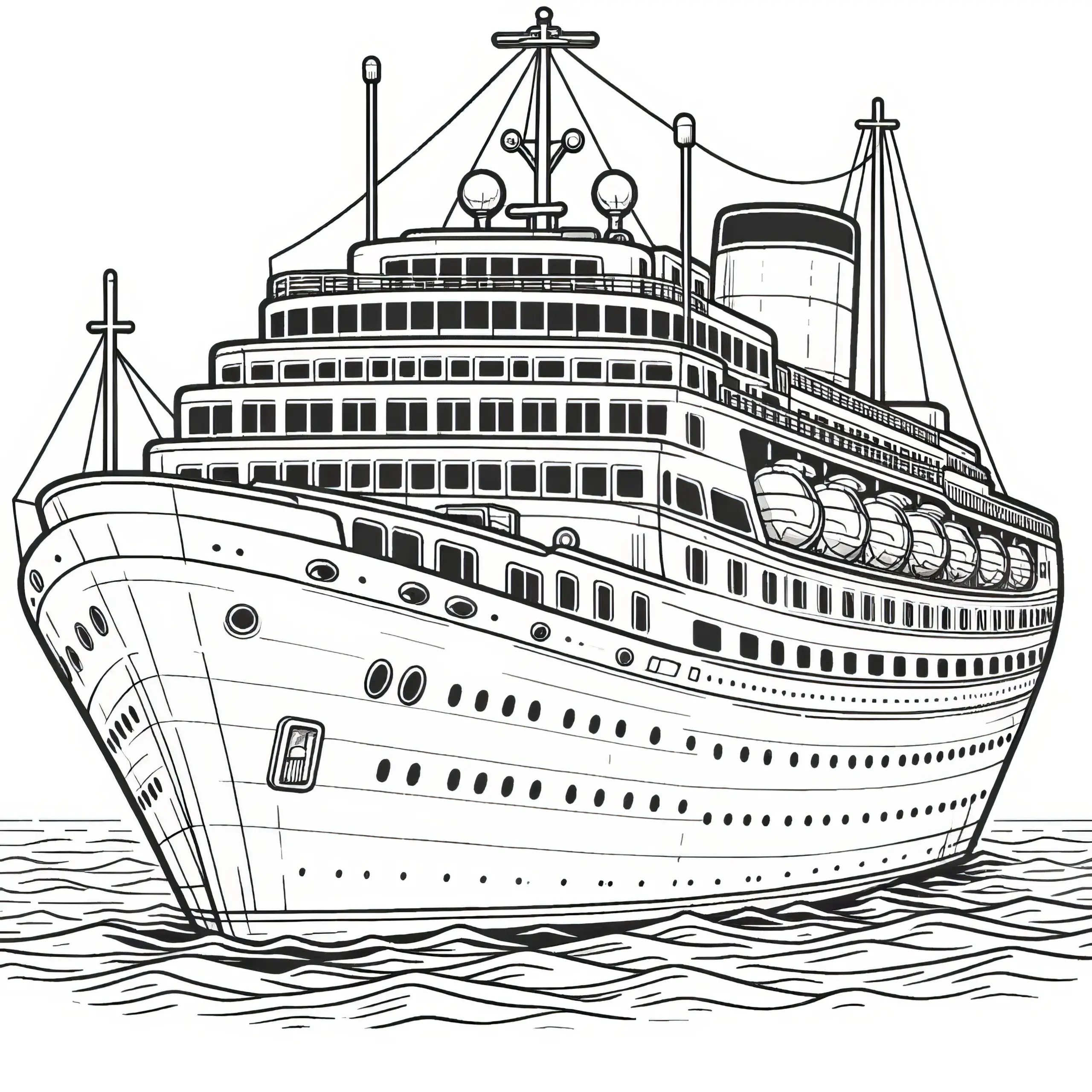 Elegantes Kreuzfahrtschiff auf dem Ozean: Komplexe Malvorlage (Gratis) (Ausmalbild)