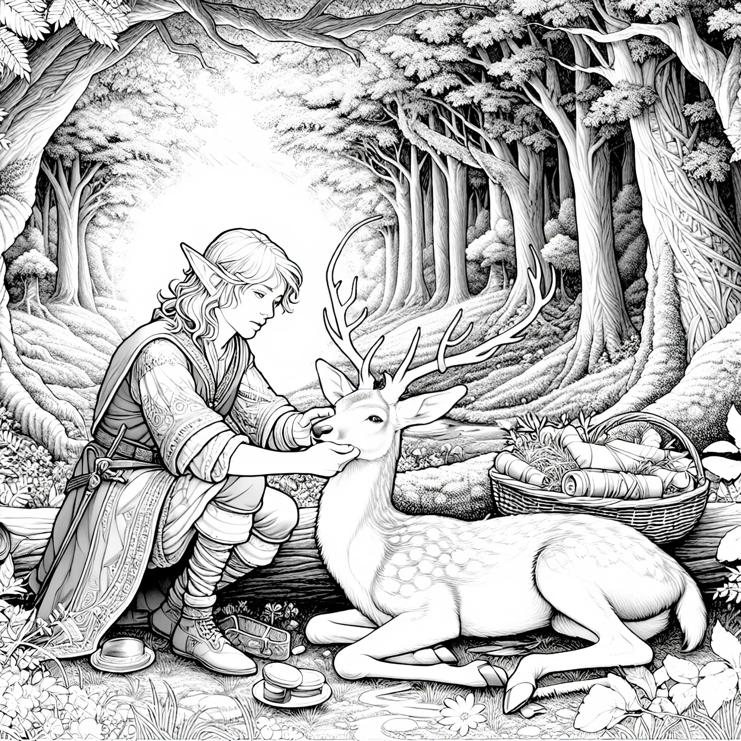 Elf heilt verletzten Hirsch in einem verwunschenen Wald: Detailreiche Malvorlage (Gratis) (Ausmalbild)