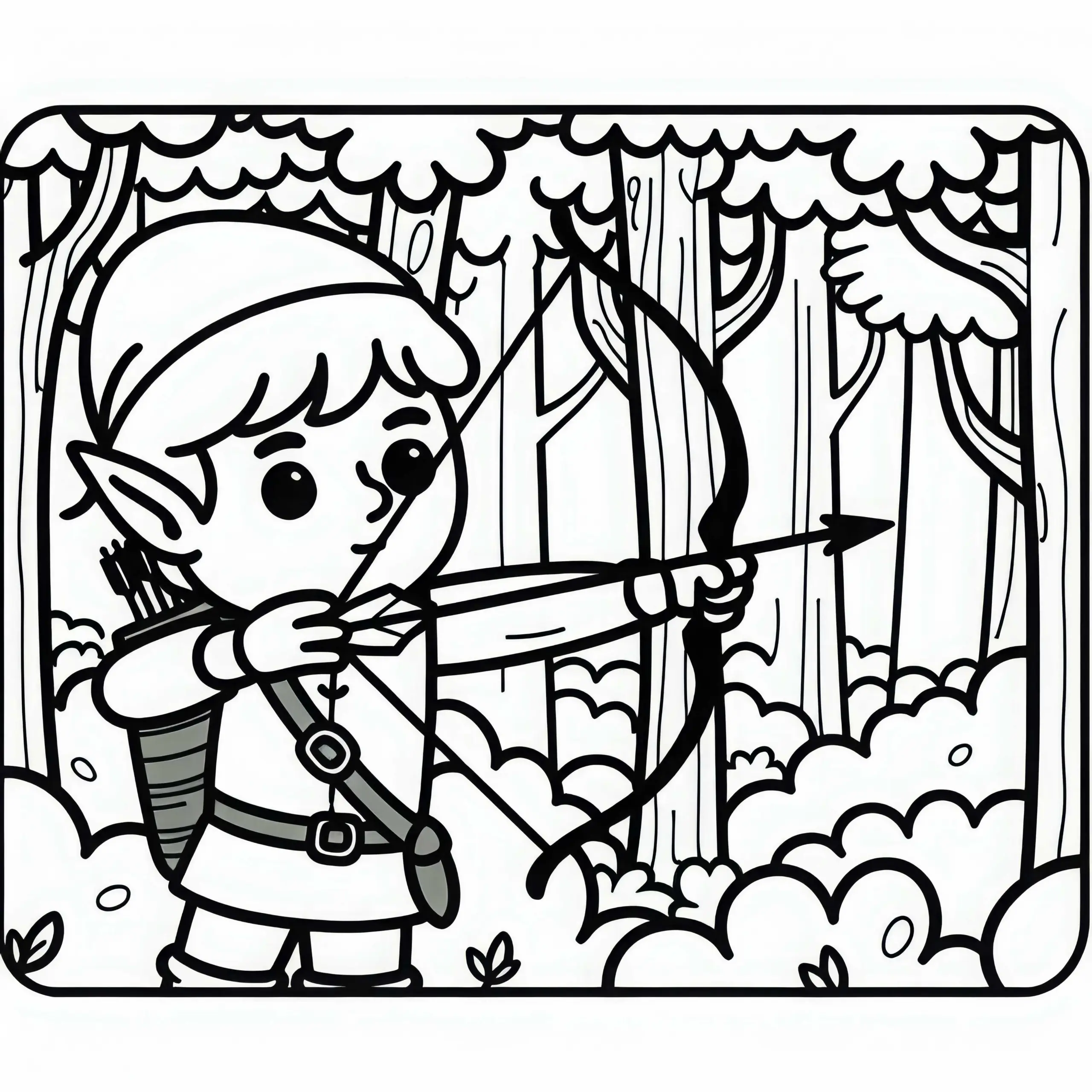 Elf schießt mit dem Bogen im dichten Wald: Einfache Malvorlage (Gratis) (Ausmalbild)