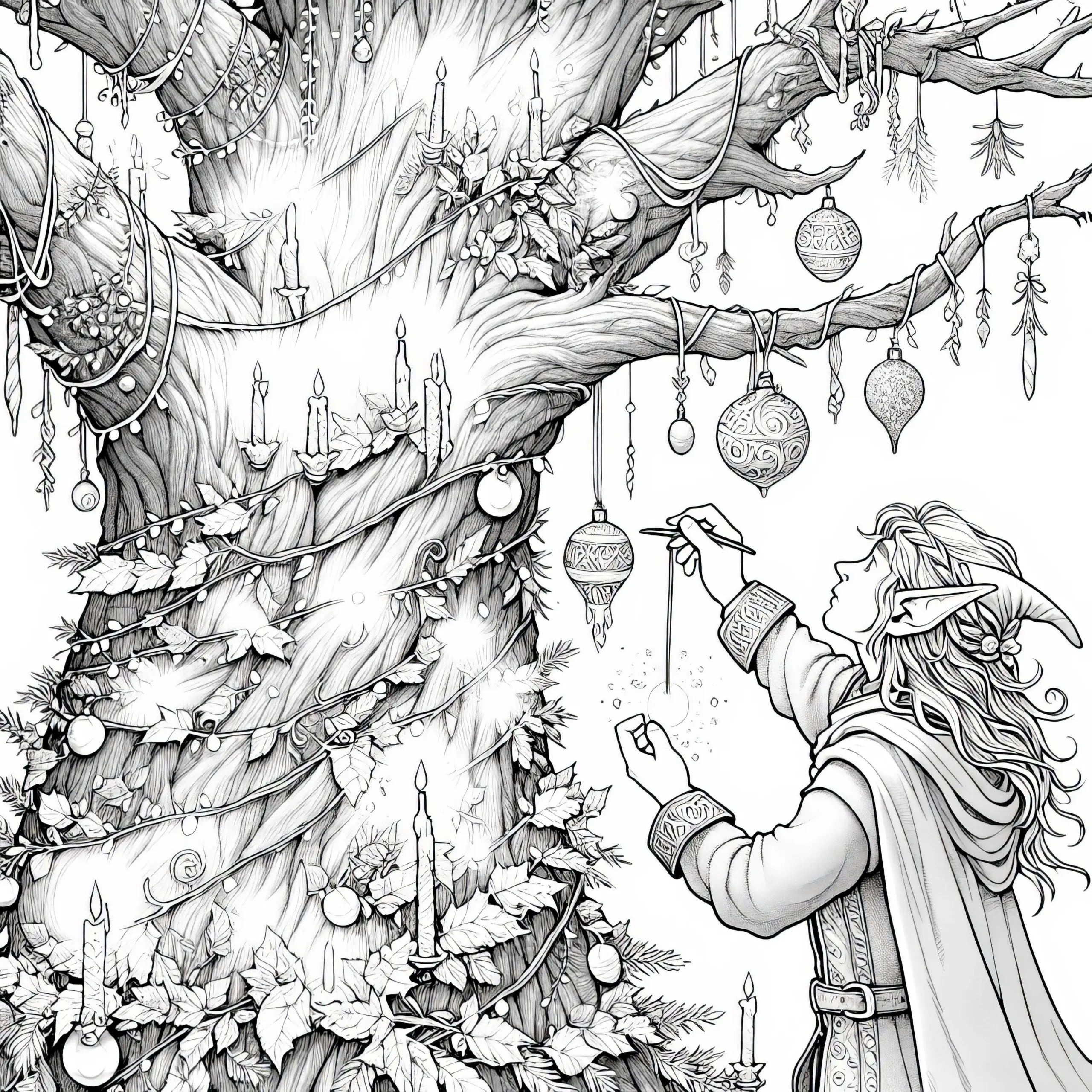 Elf schmückt alten Baum mit leuchtenden, magischen Ornamenten: Ausmalbild zum Herunterladen (Gratis)