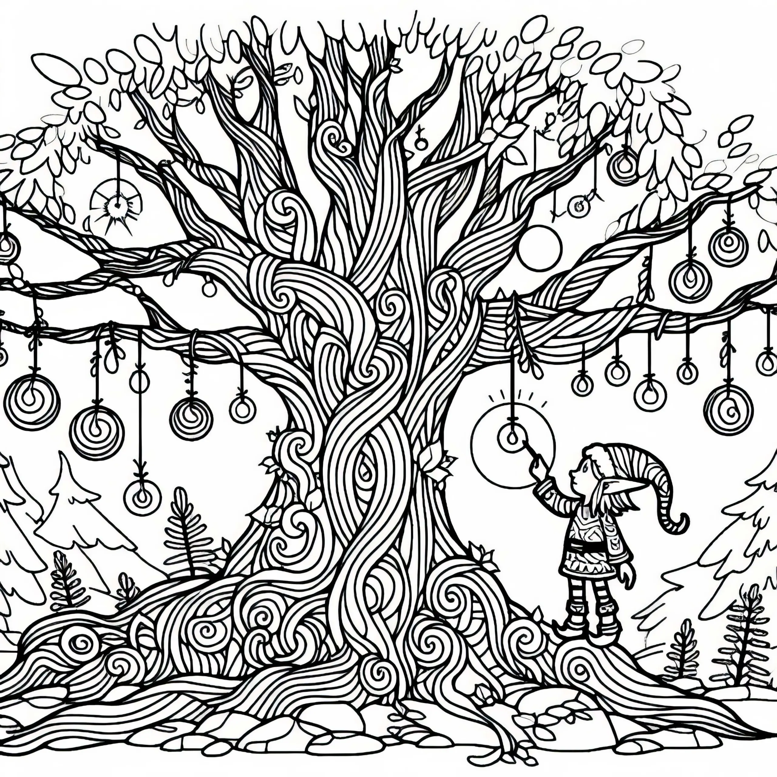 Elf schmückt alten Baum mit leuchtenden magischen Ornamenten: Malvorlage zum Download (Kostenlos) (Ausmalbild)