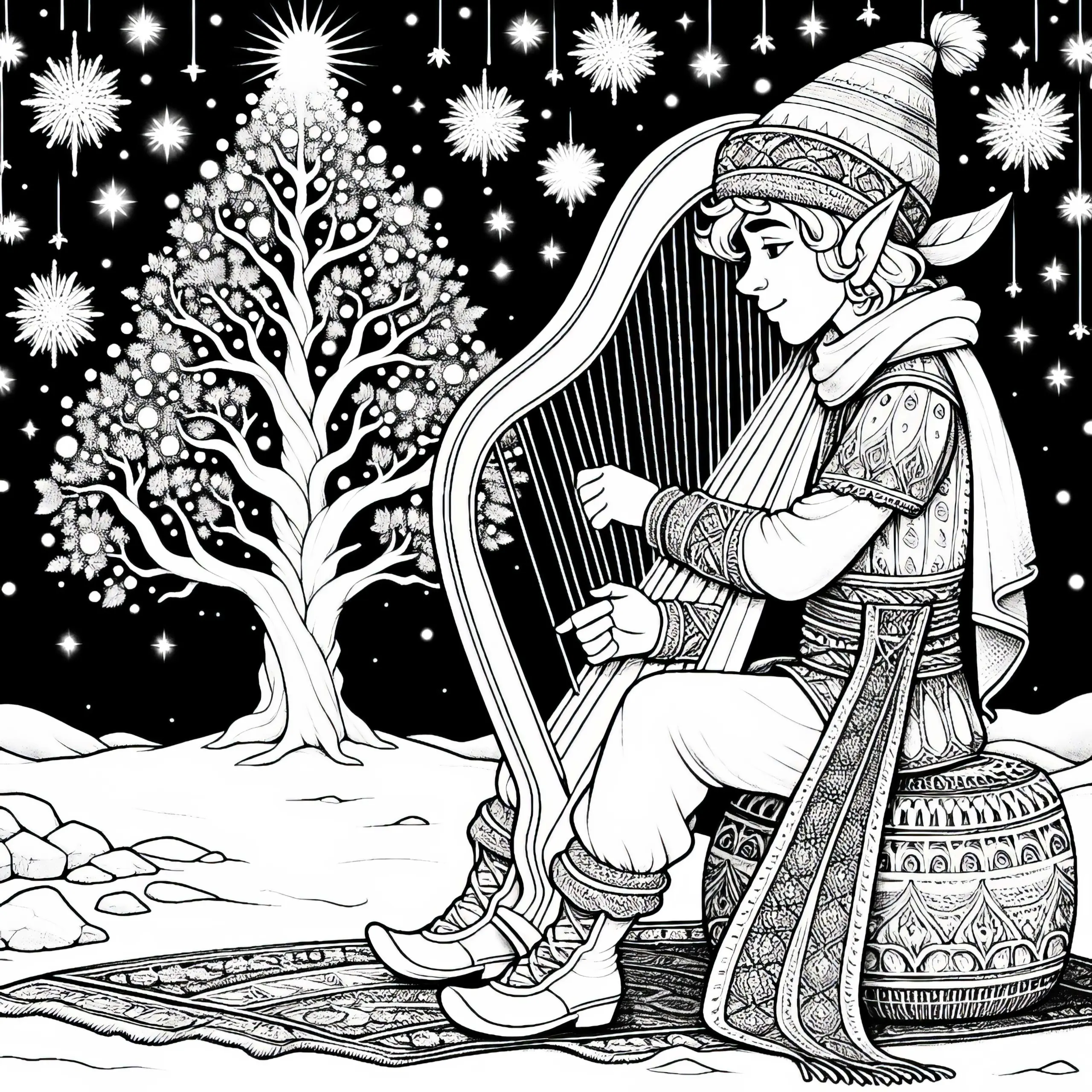 Elf spielt Harfe vor einem leuchtenden Baum: Malvorlage zum Herunterladen (Kostenlos) (Ausmalbild)