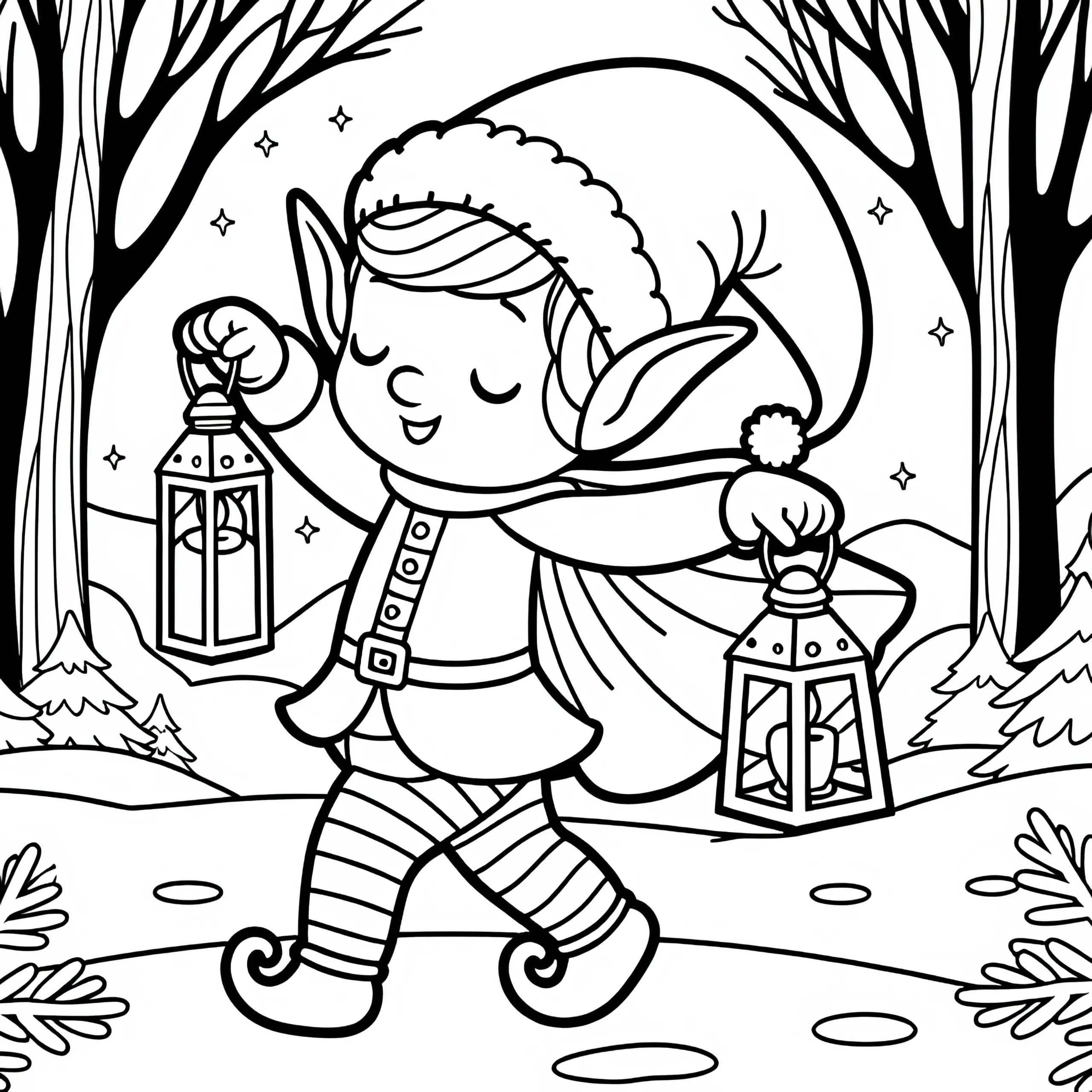 Elf tanzt mit Laternen in den Händen auf einer Waldlichtung: Ausmalbild zum Download (Kostenlos)