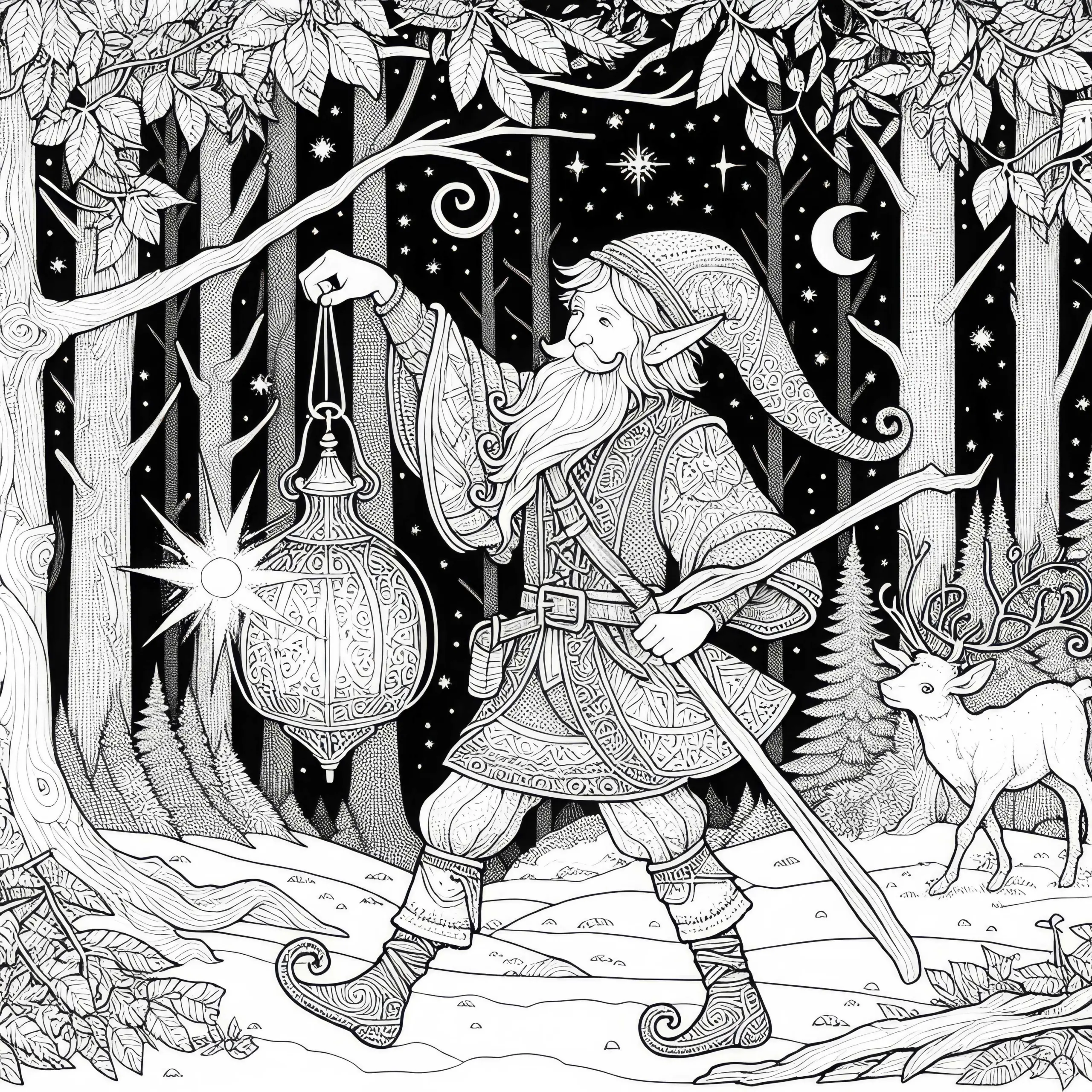 Elf tanzt mit Laterne auf Waldlichtung als Malvorlage (Kostenlos) (Ausmalbild)