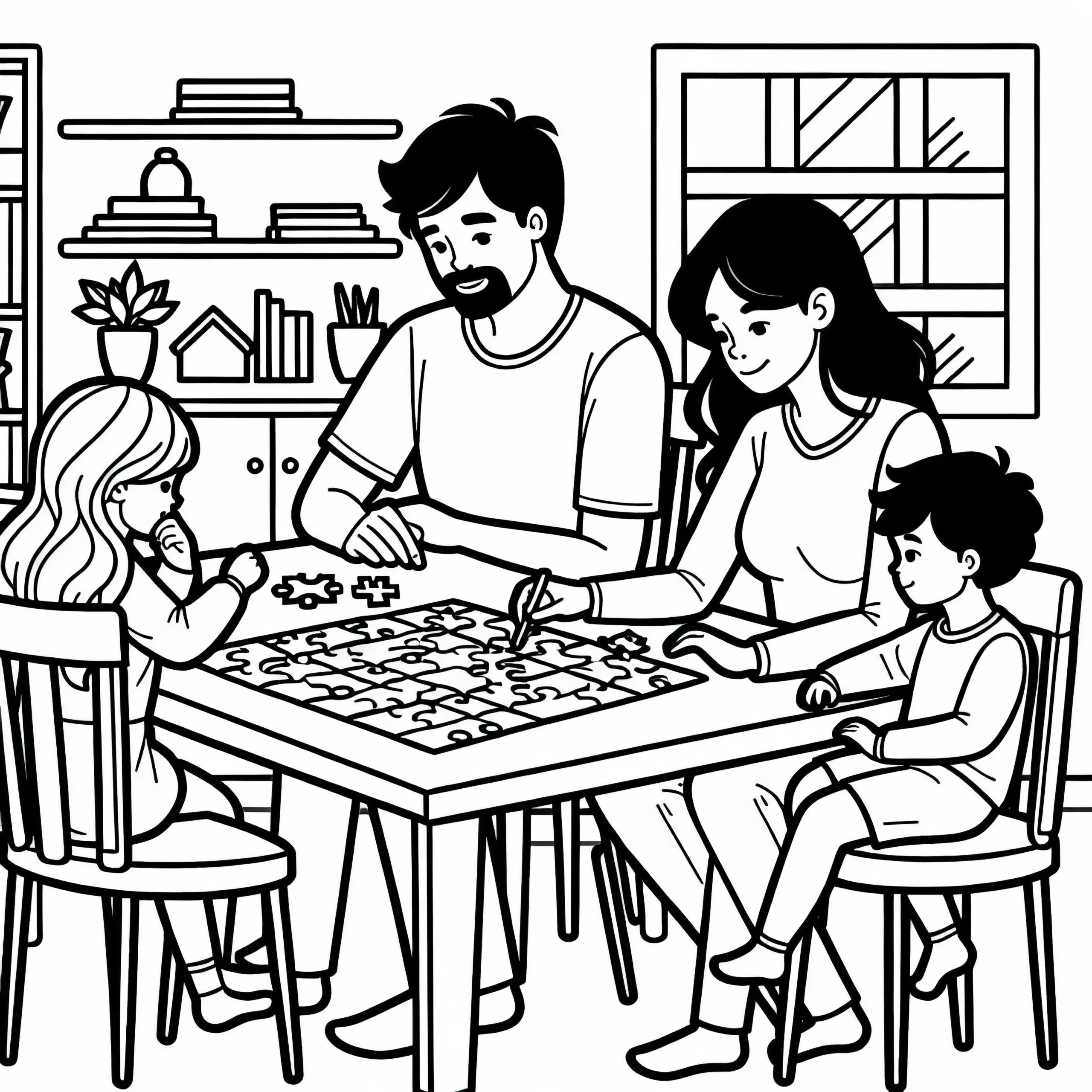 Eltern und Kinder machen zusammen ein Puzzle am Wohnzimmertisch – Malvorlage gratis (Ausmalbild)