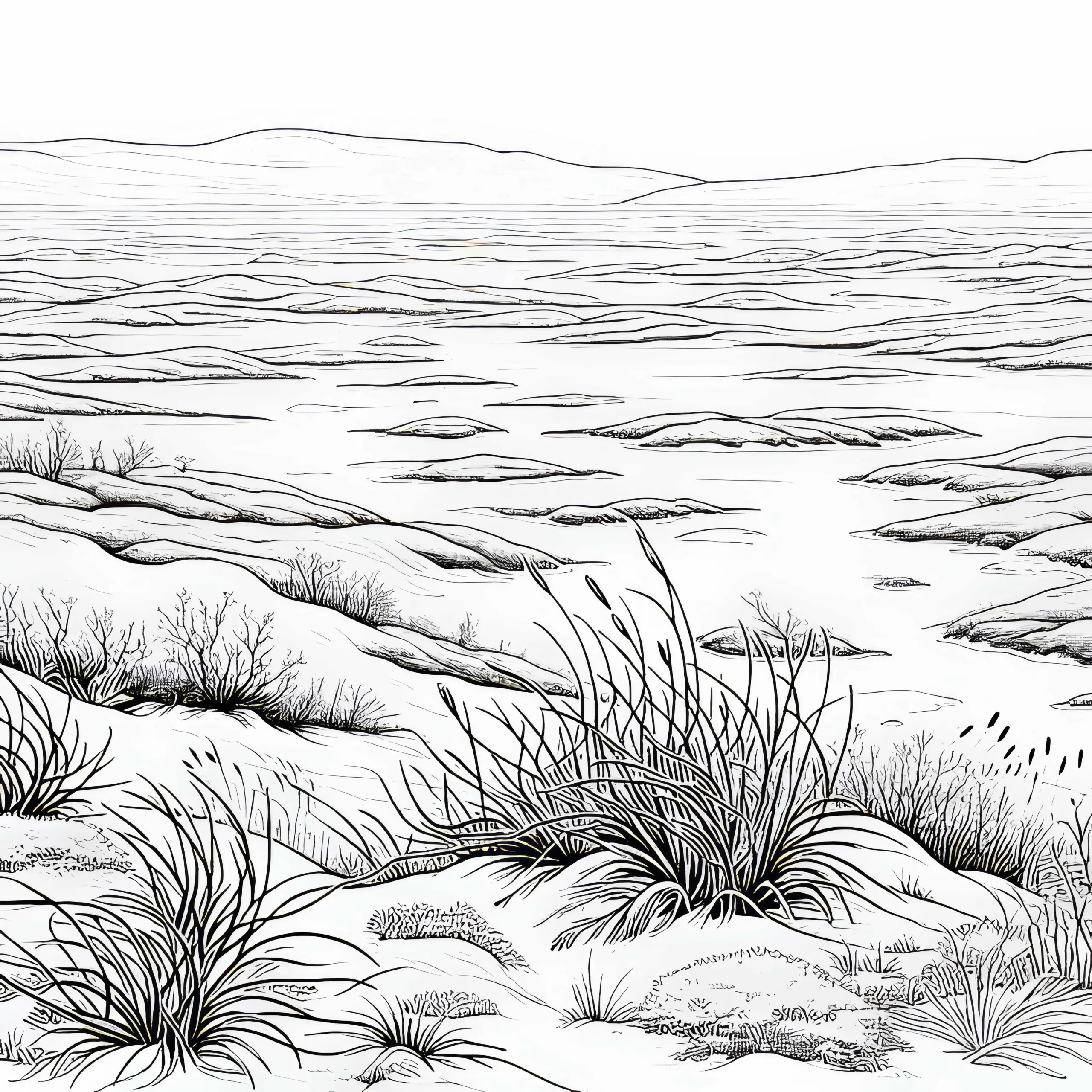Endlose Weite mit Niedrigem Gras und Moosen – Ausmalbild Tundra Kostenlos
