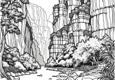 Enge Schlucht mit hohen Steinwänden – Ausmalbild für eine Karstlandschaft