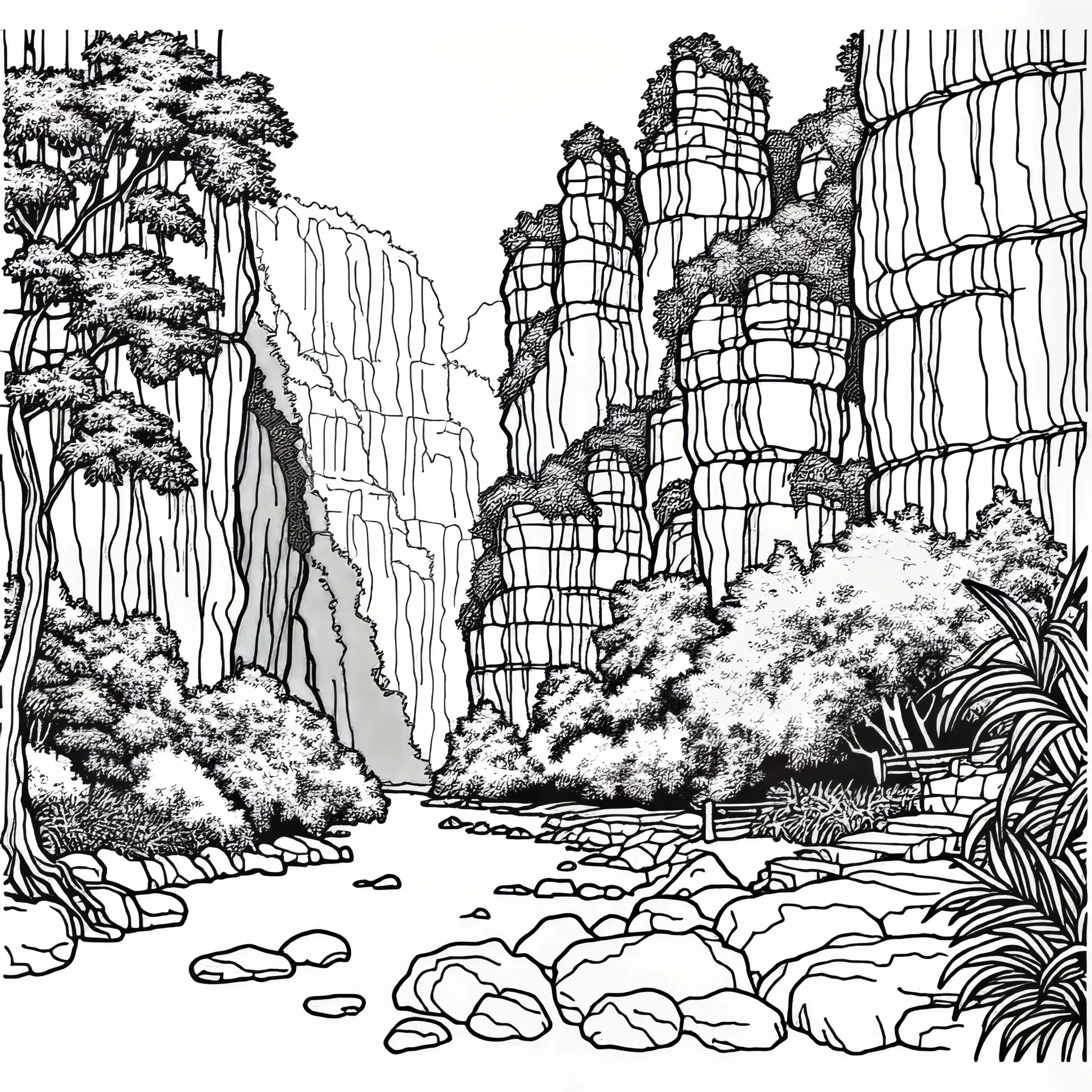 Enge Schlucht mit hohen Steinwänden – Ausmalbild für eine Karstlandschaft
