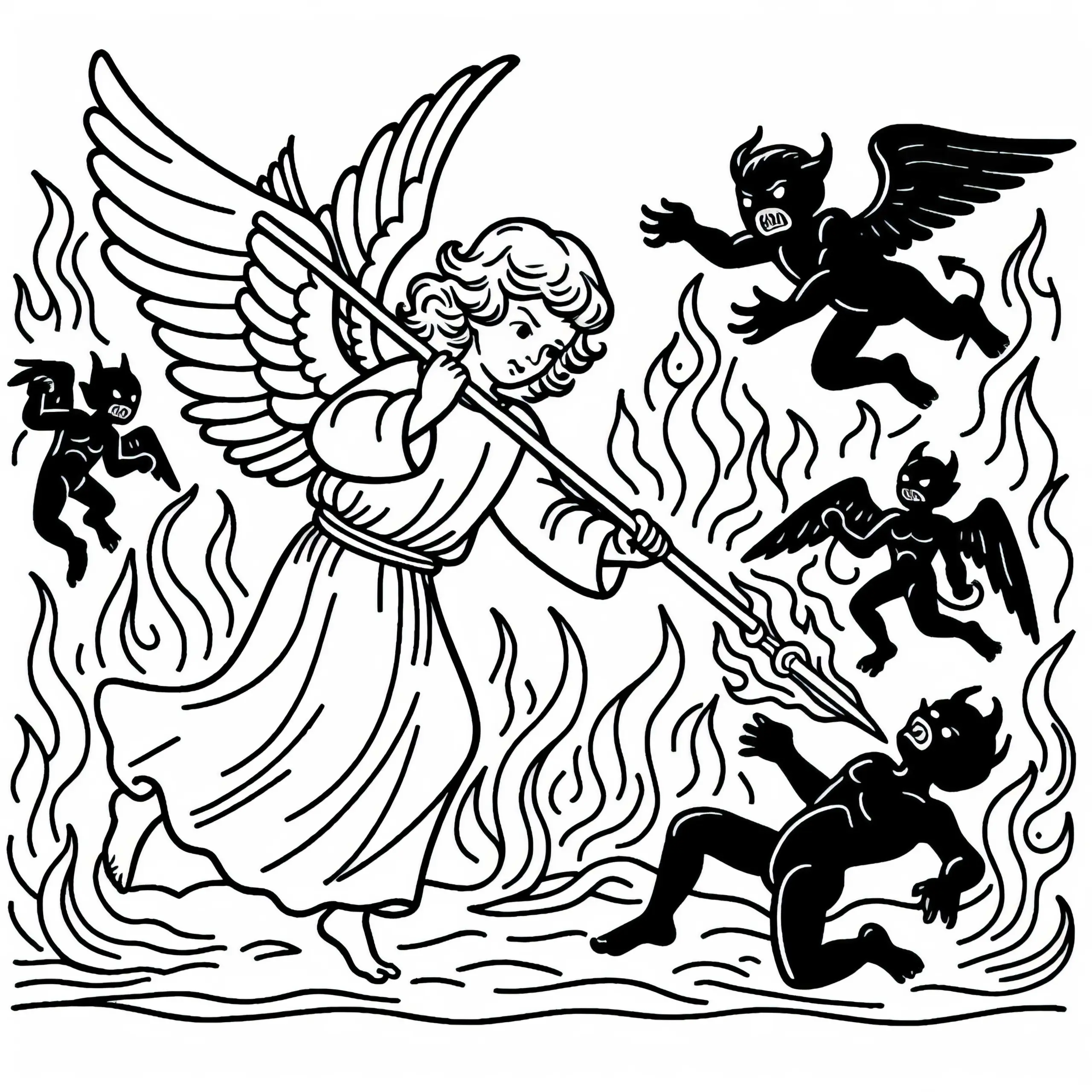 Engel kämpft mit flammendem Speer gegen dunkle Kreaturen: Malvorlage zum Download (Gratis) (Ausmalbild)