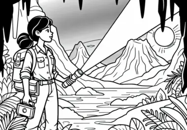 Entdeckerin mit Taschenlampe in Höhle – Malvorlage Kostenlos