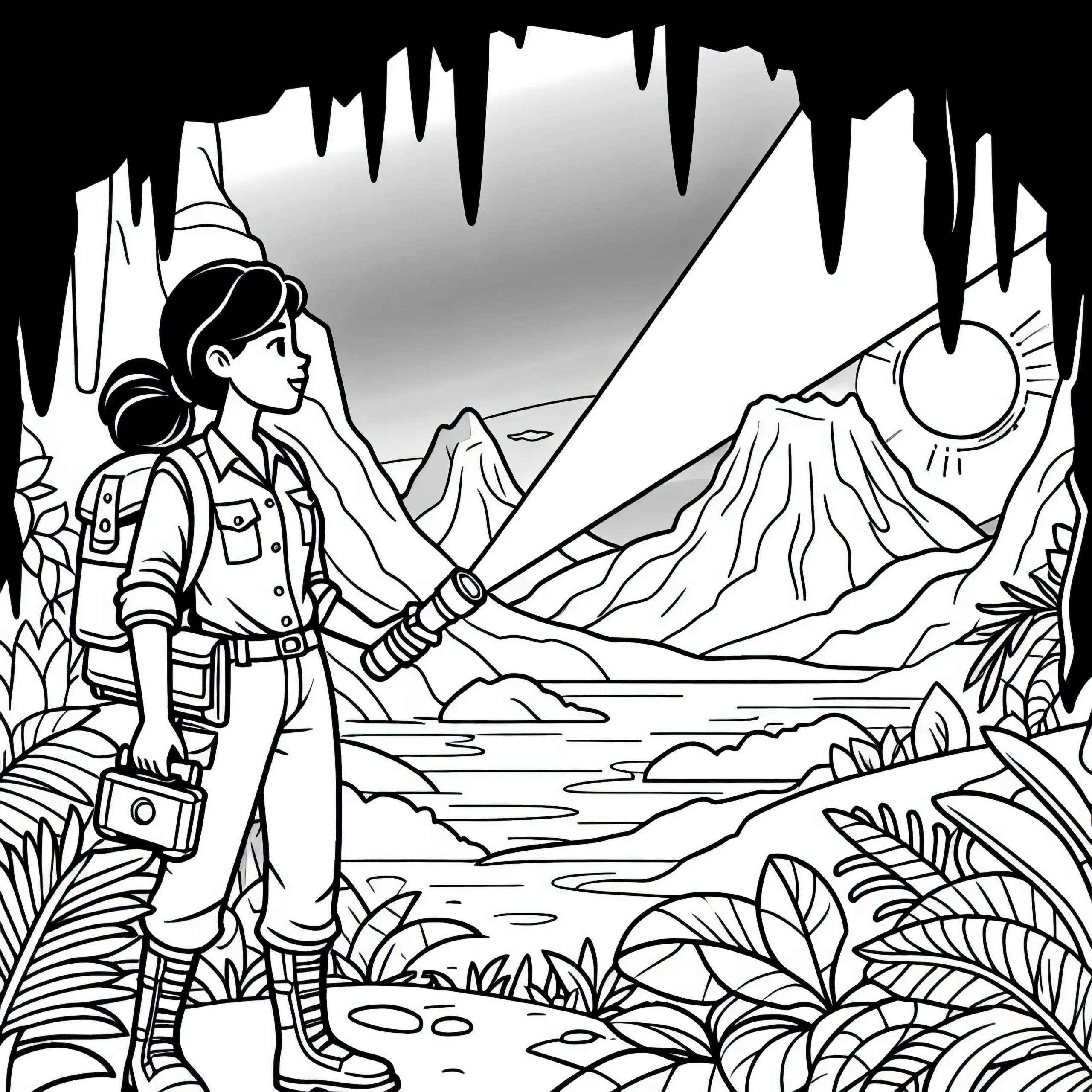 Entdeckerin mit Taschenlampe in Höhle – Malvorlage Kostenlos (Ausmalbild)