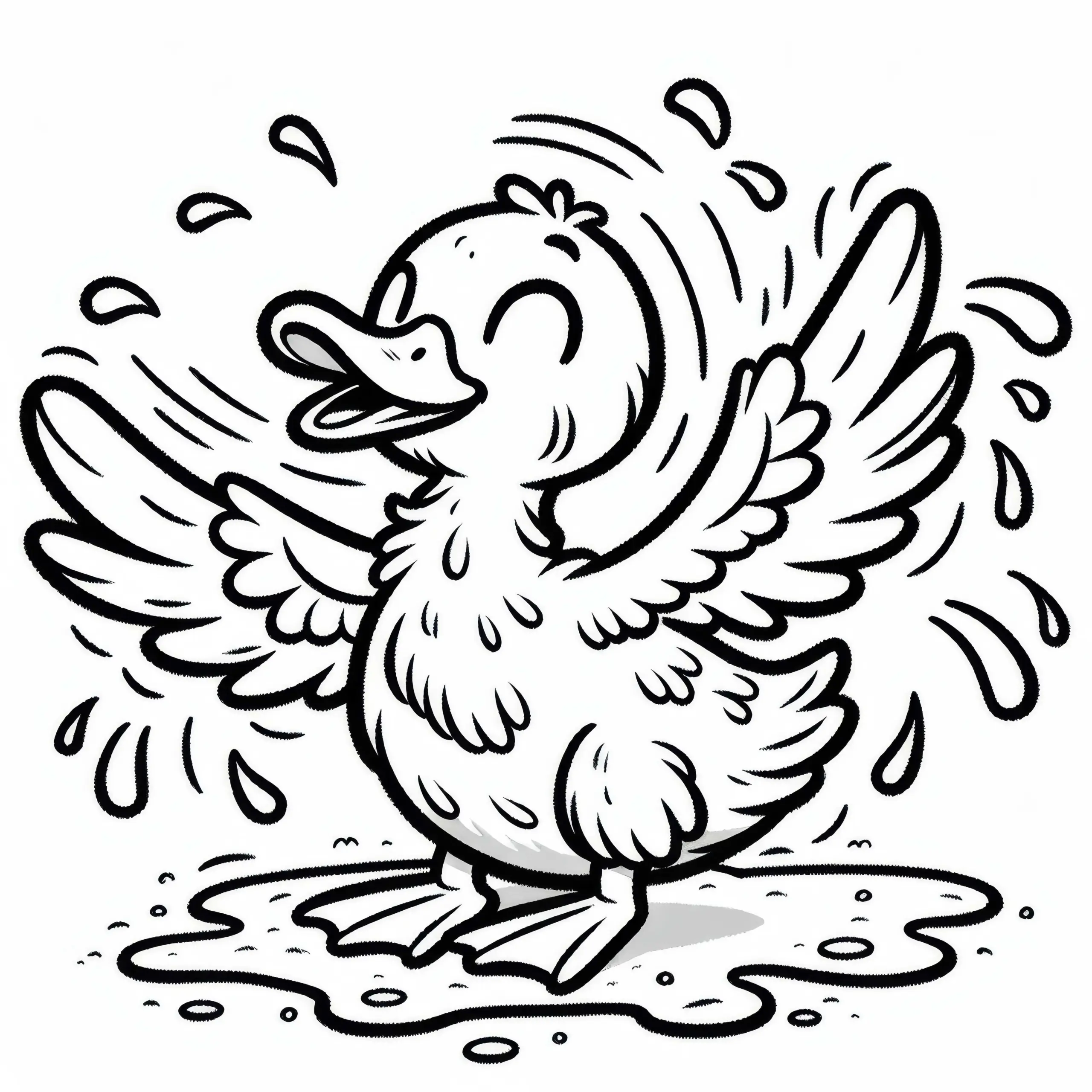 Ente breitet Flügel aus und schüttelt sich nach dem Baden: Einfache Malvorlage (Gratis) (Ausmalbild)