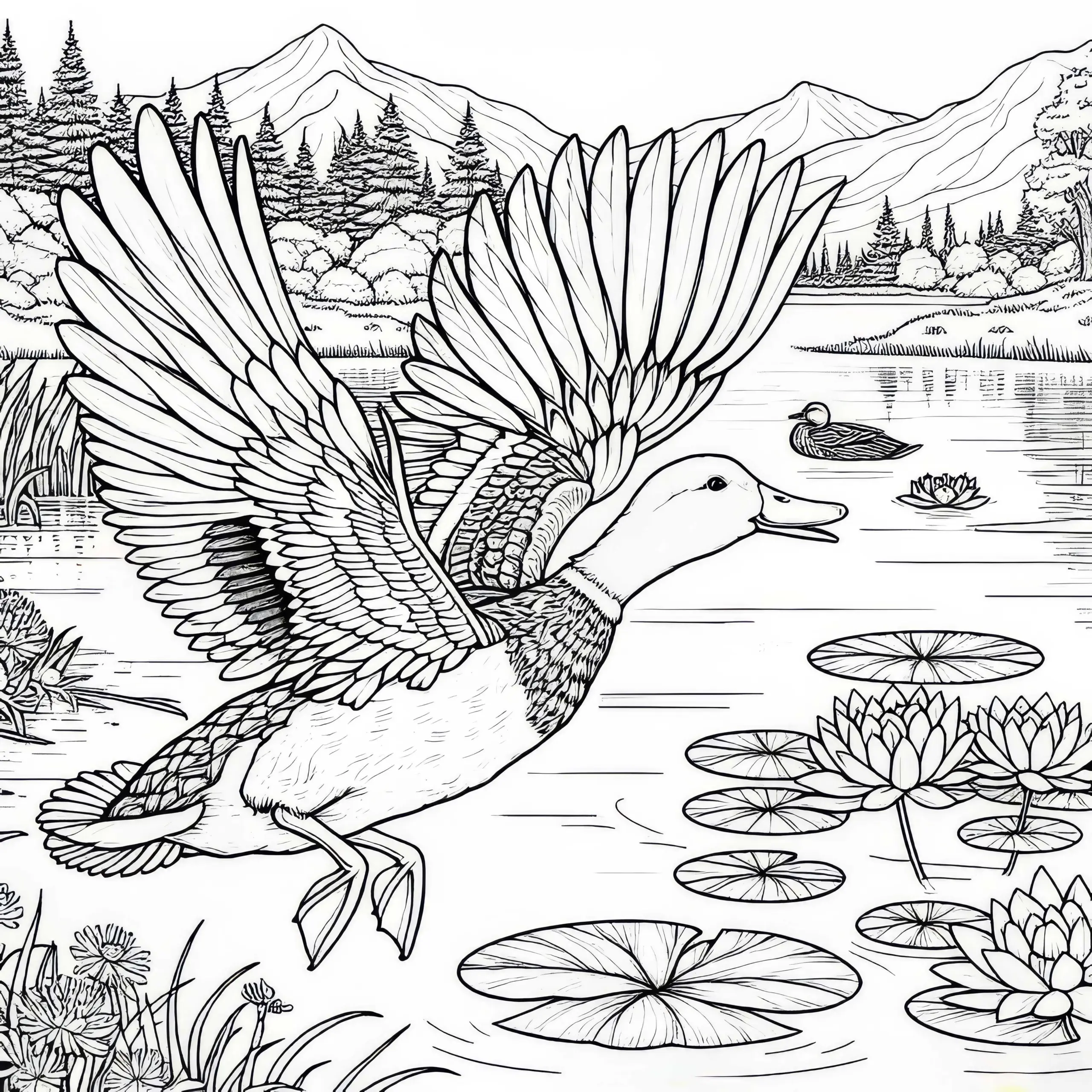 Ente fliegt mit ausgebreiteten Flügeln über See: Realistische Malvorlage (Gratis) (Ausmalbild)