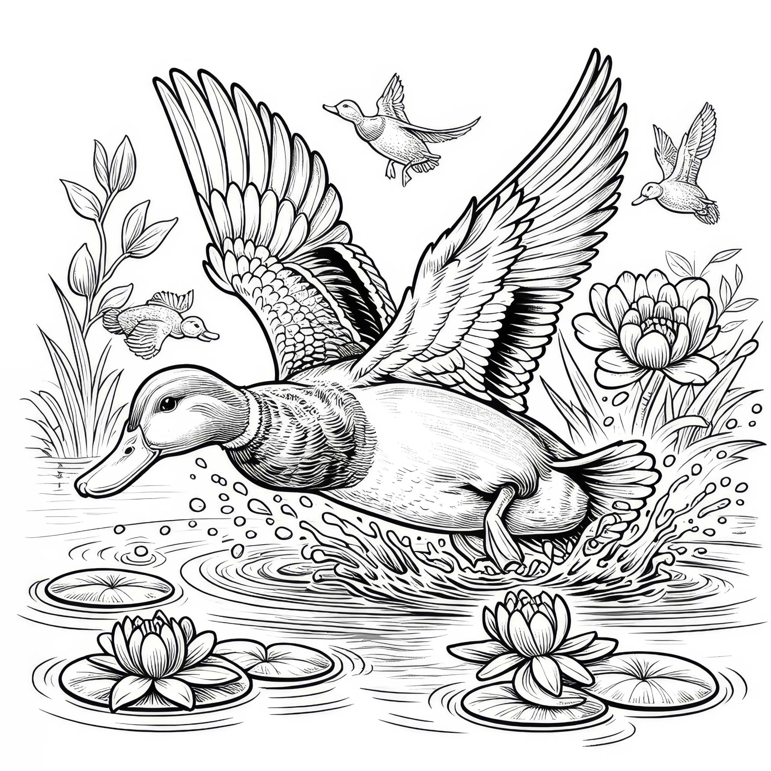 Ente hebt zum Flug ab: Ausmalbild zum Download (Kostenlos)