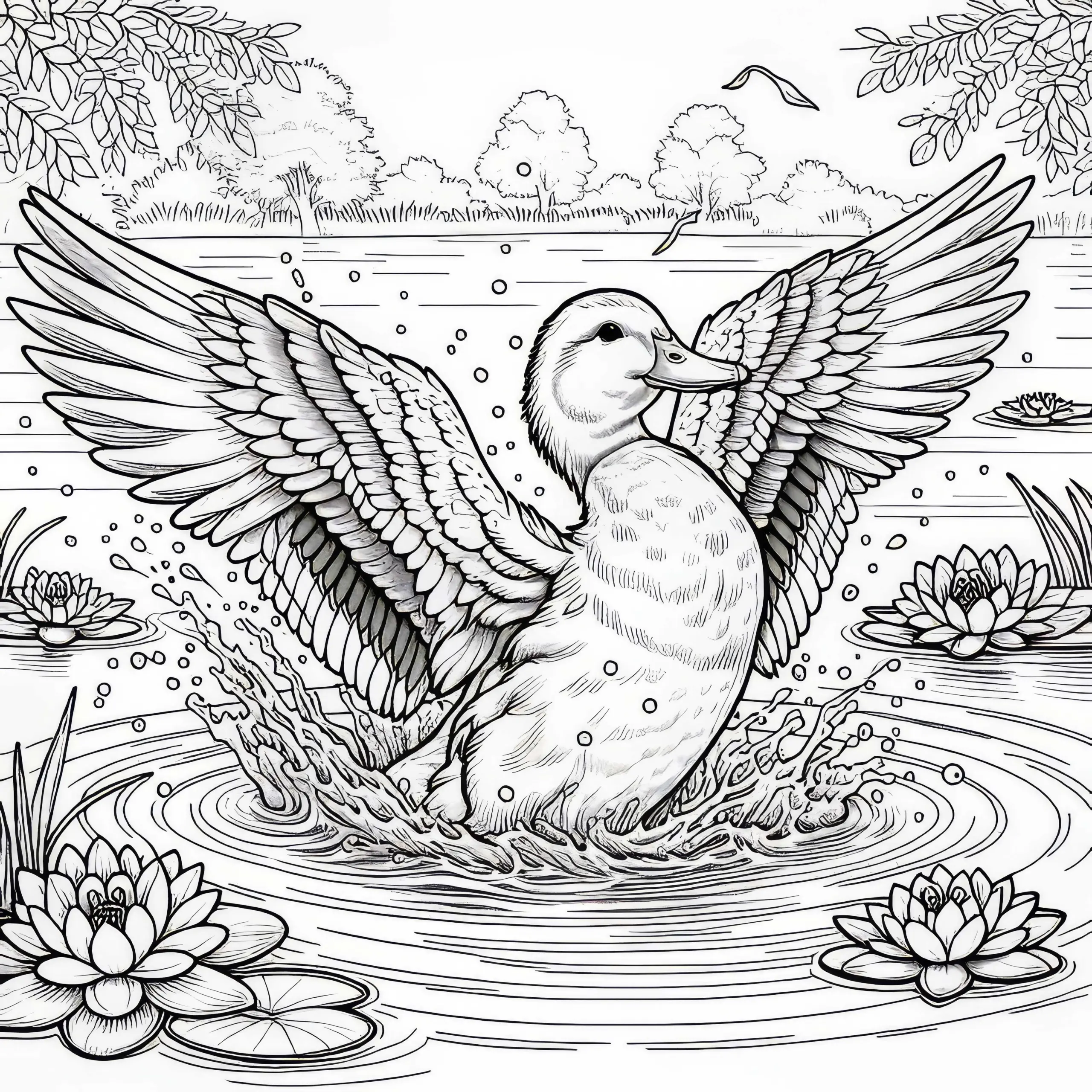 Ente mit ausgebreiteten Flügeln: Kostenlose Malvorlage (Ausmalbild)