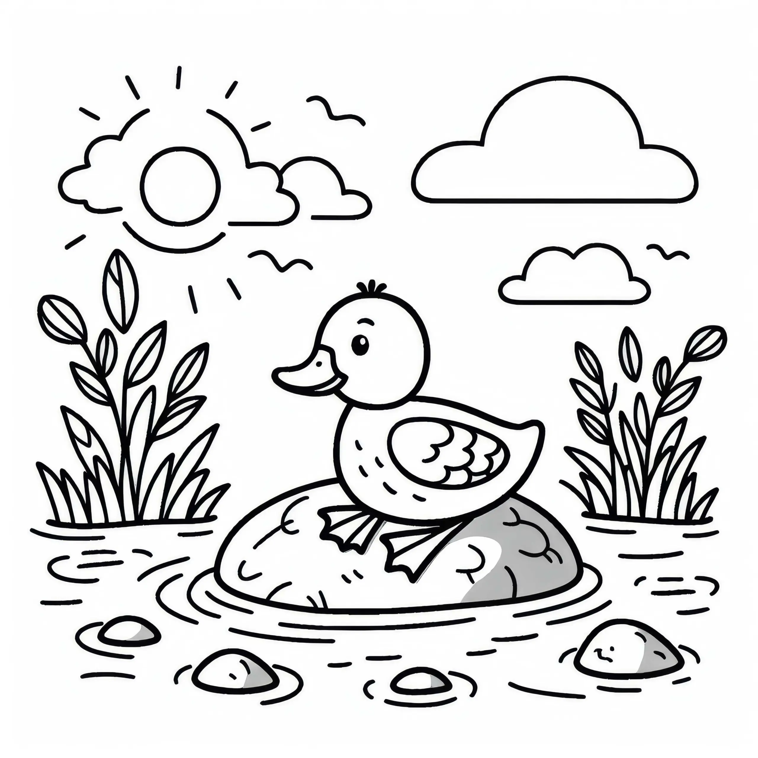 Ente ruht sich auf einem Stein im Wasser aus: Einfache Ausmalvorlage (Kostenlos) (Ausmalbild)