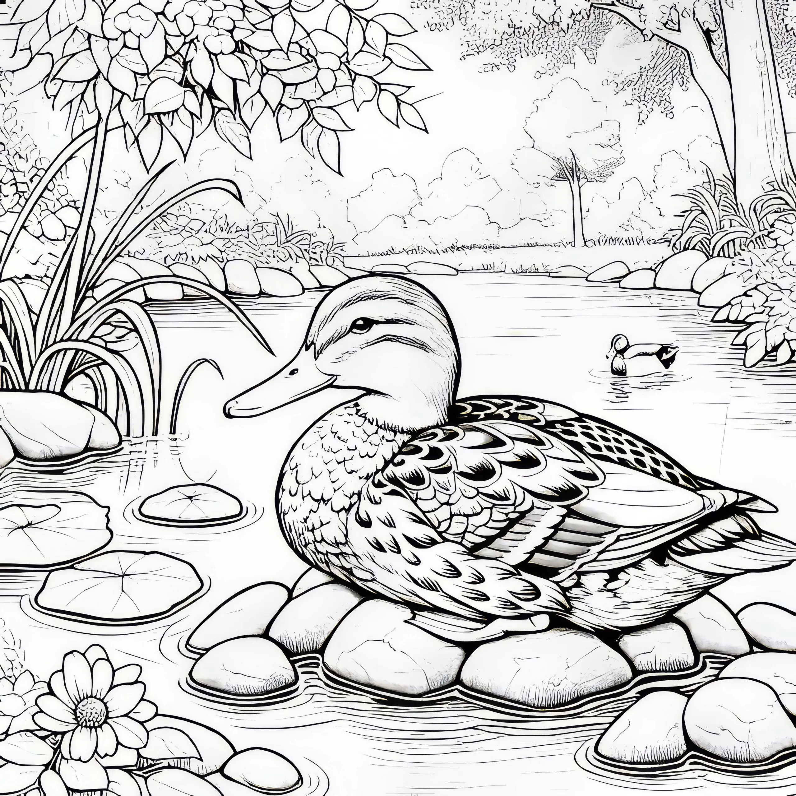 Ente auf Steinen im Wasser: Ausmalbild zum Download (Gratis)