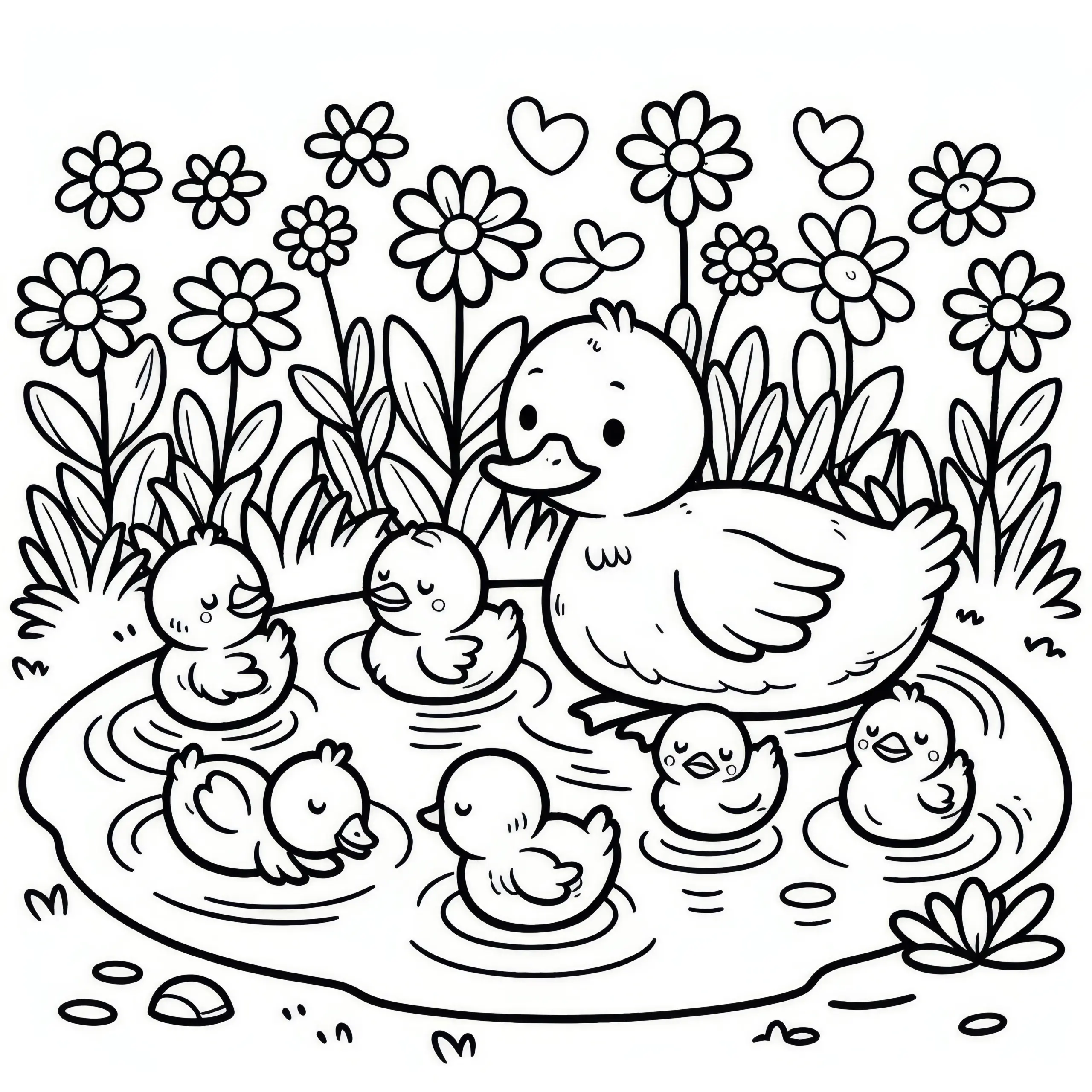 Enten-Küken in einem Teich im April: Ausmalbild zum Download (Gratis)