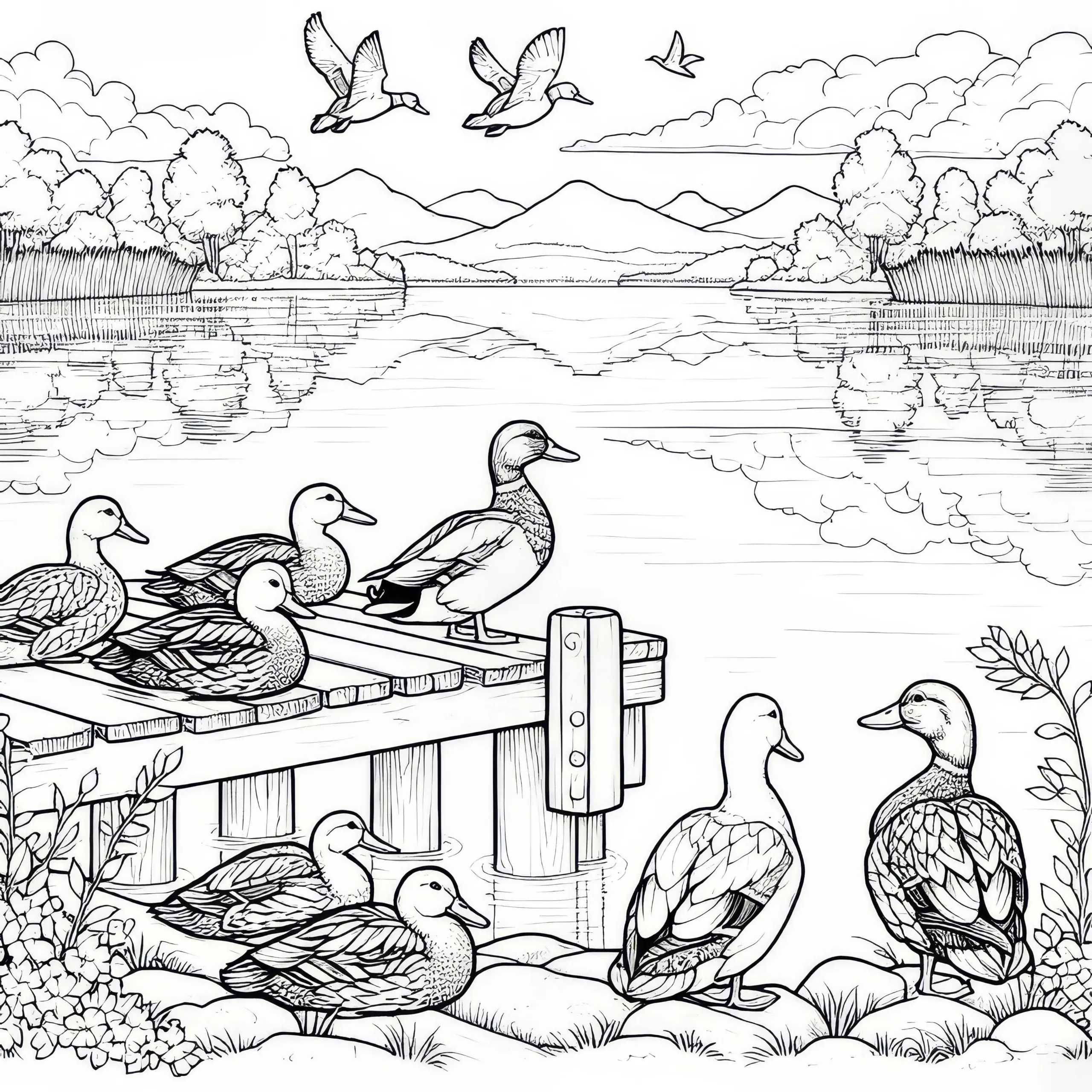 Enten sitzen auf Steg: Detailreiche Malvorlage (Gratis) (Ausmalbild)