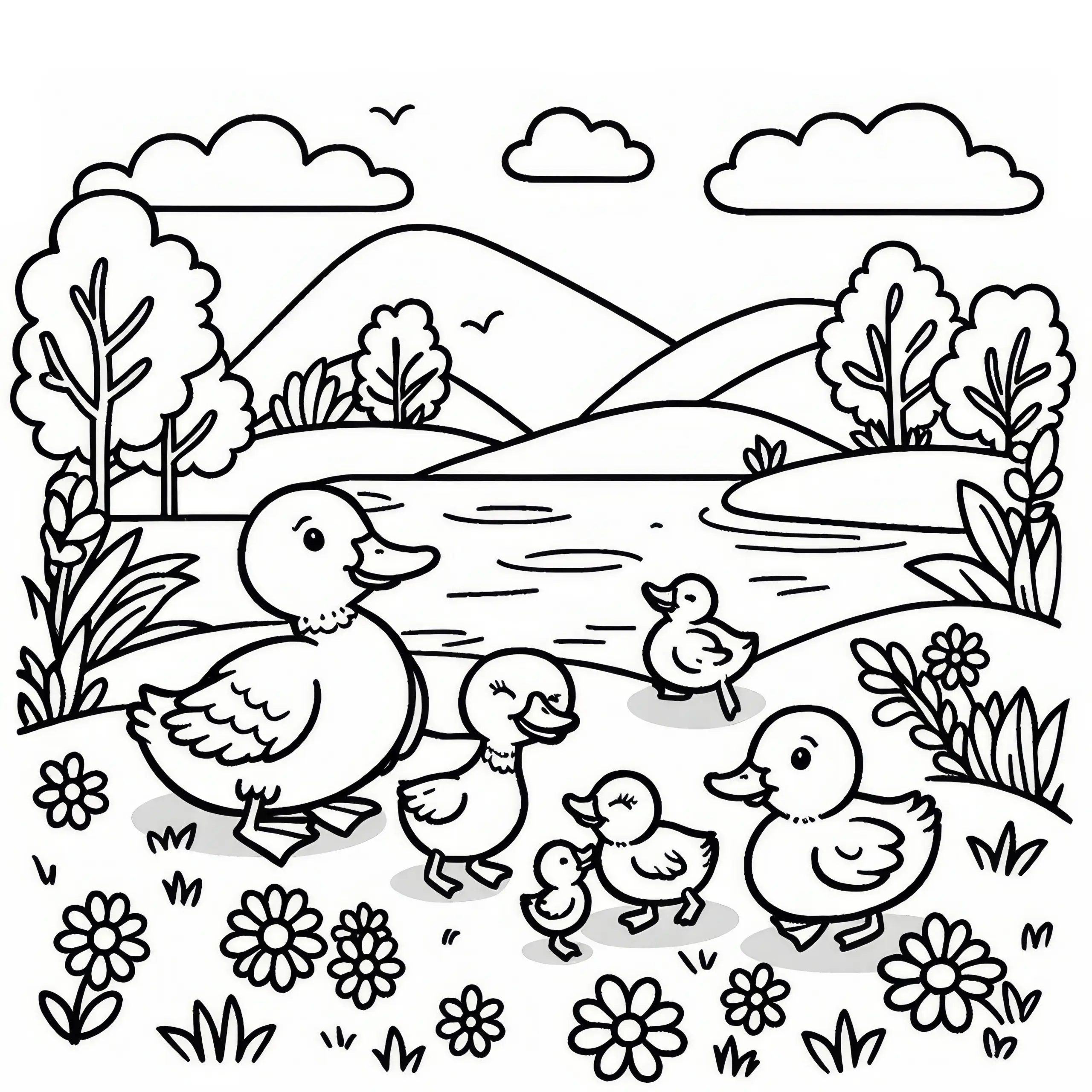 Entenfamilie am Teich im Frühling: kostenlose Malvorlage (Ausmalbild)