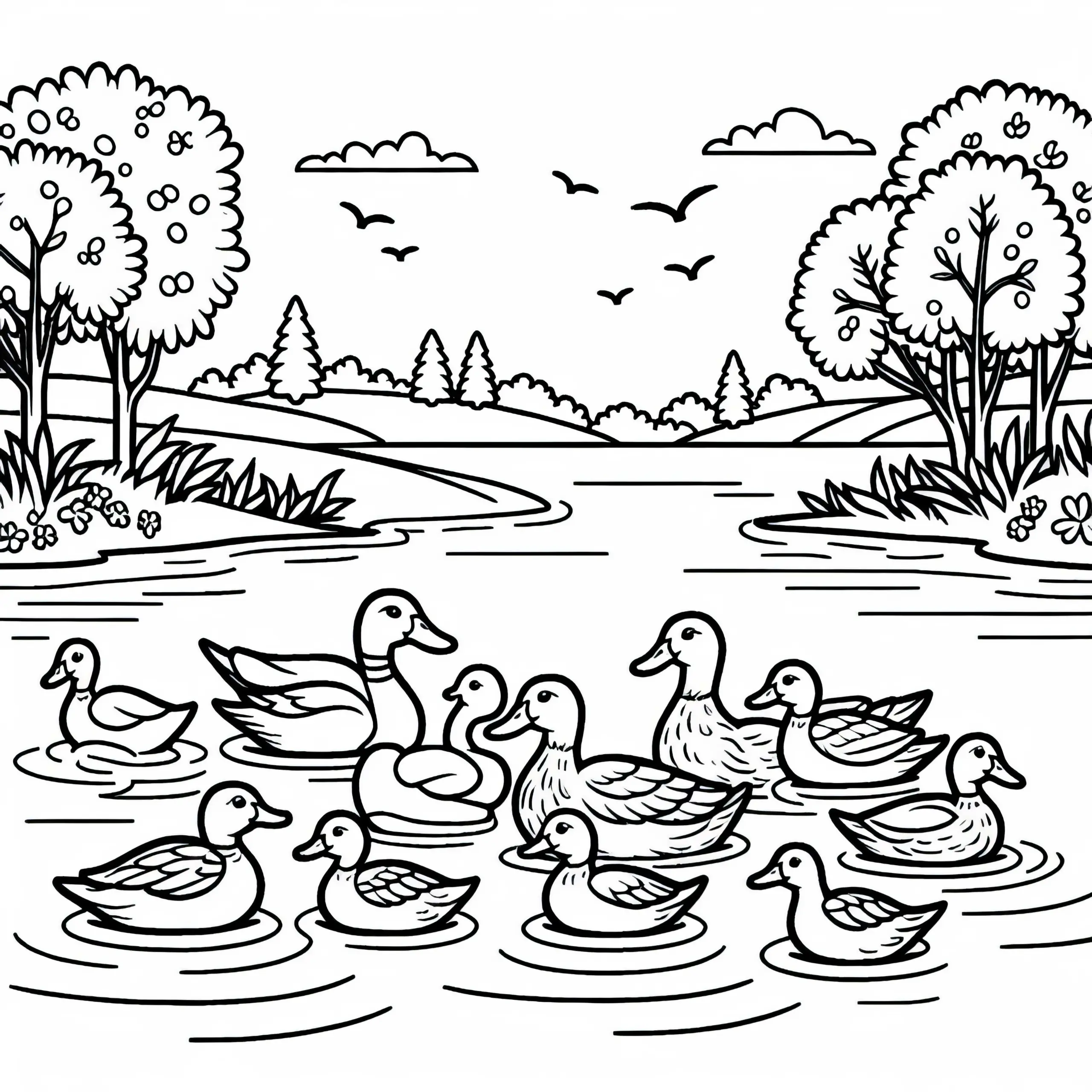 Entenfamilie schwimmt auf Wasser am Seeufer – Malvorlage kostenlos (Ausmalbild)
