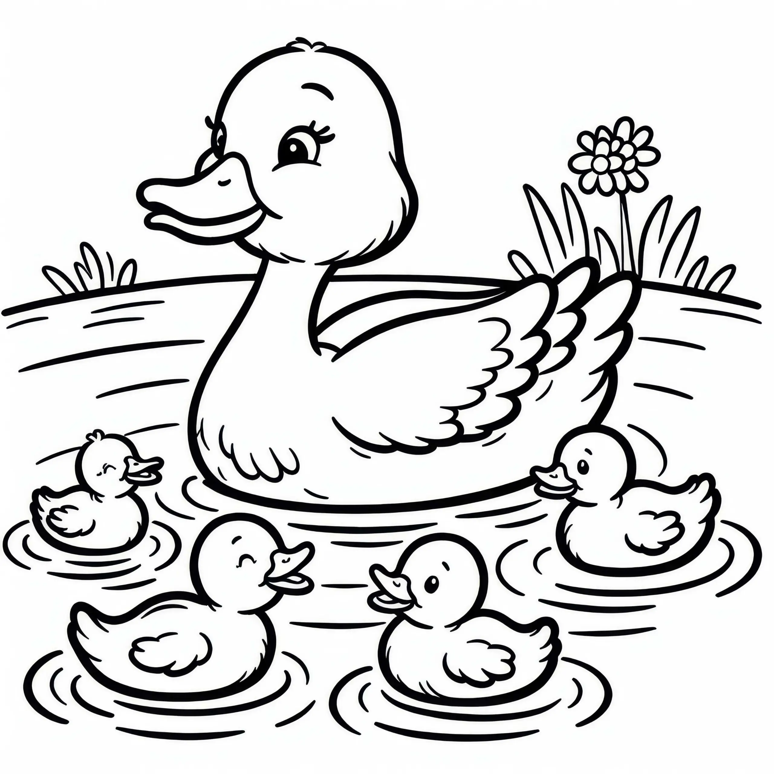 Entenmutter schwimmt mit Küken über Teich: Einfaches Ausmalbild (Kostenlos)