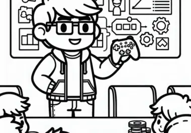 Entwickler hält Teammeeting über Spieldesign – Malvorlage gratis