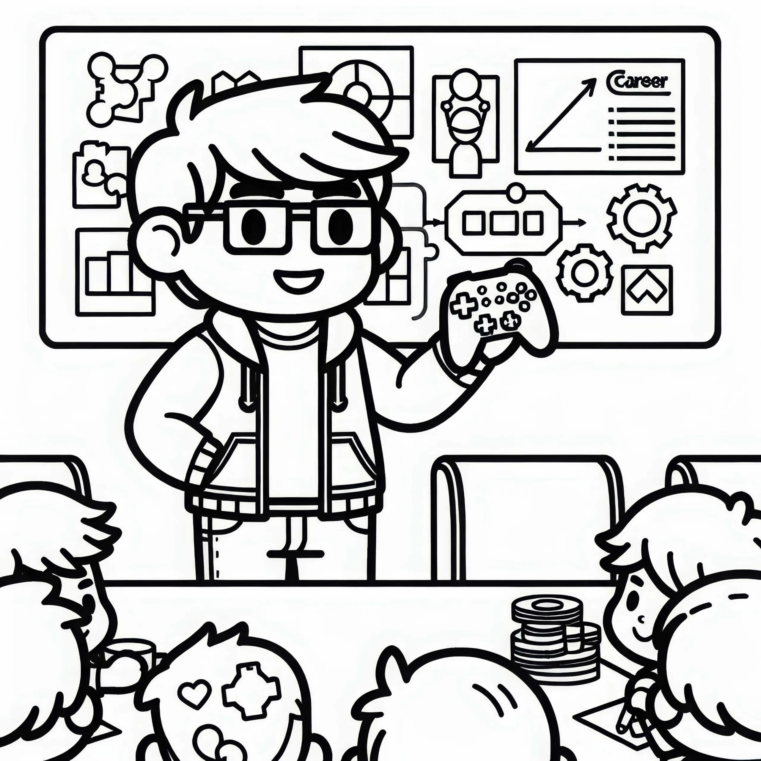 Entwickler hält Teammeeting über Spieldesign – Malvorlage gratis (Ausmalbild)