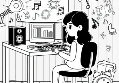 Entwicklerin arbeitet an Musik und Soundeffekten – Ausmalbild gratis