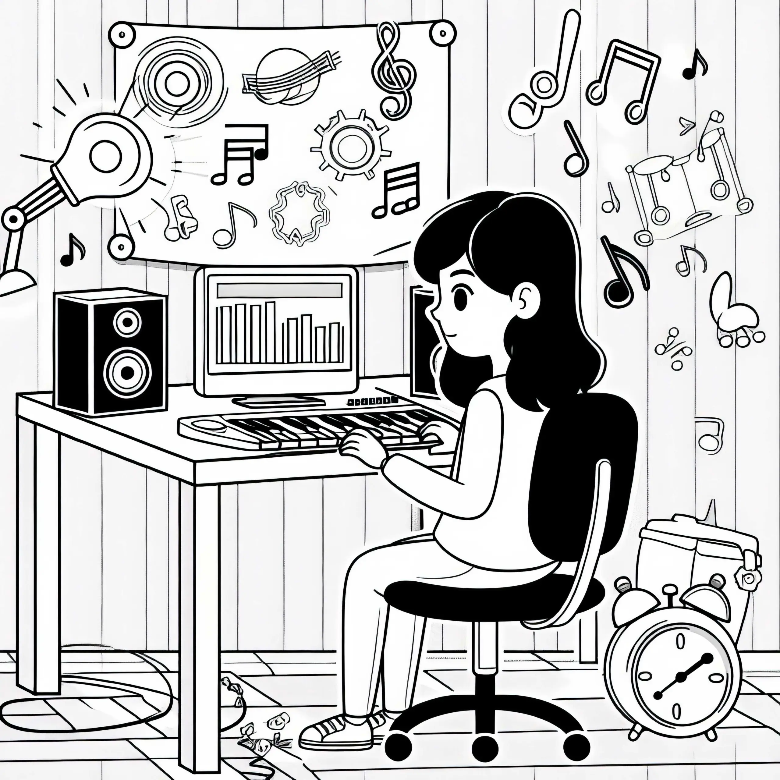 Entwicklerin arbeitet an Musik und Soundeffekten – Ausmalbild gratis