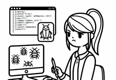 Entwicklerin korrigiert Bugs im Code – Lustige Malvorlage gratis