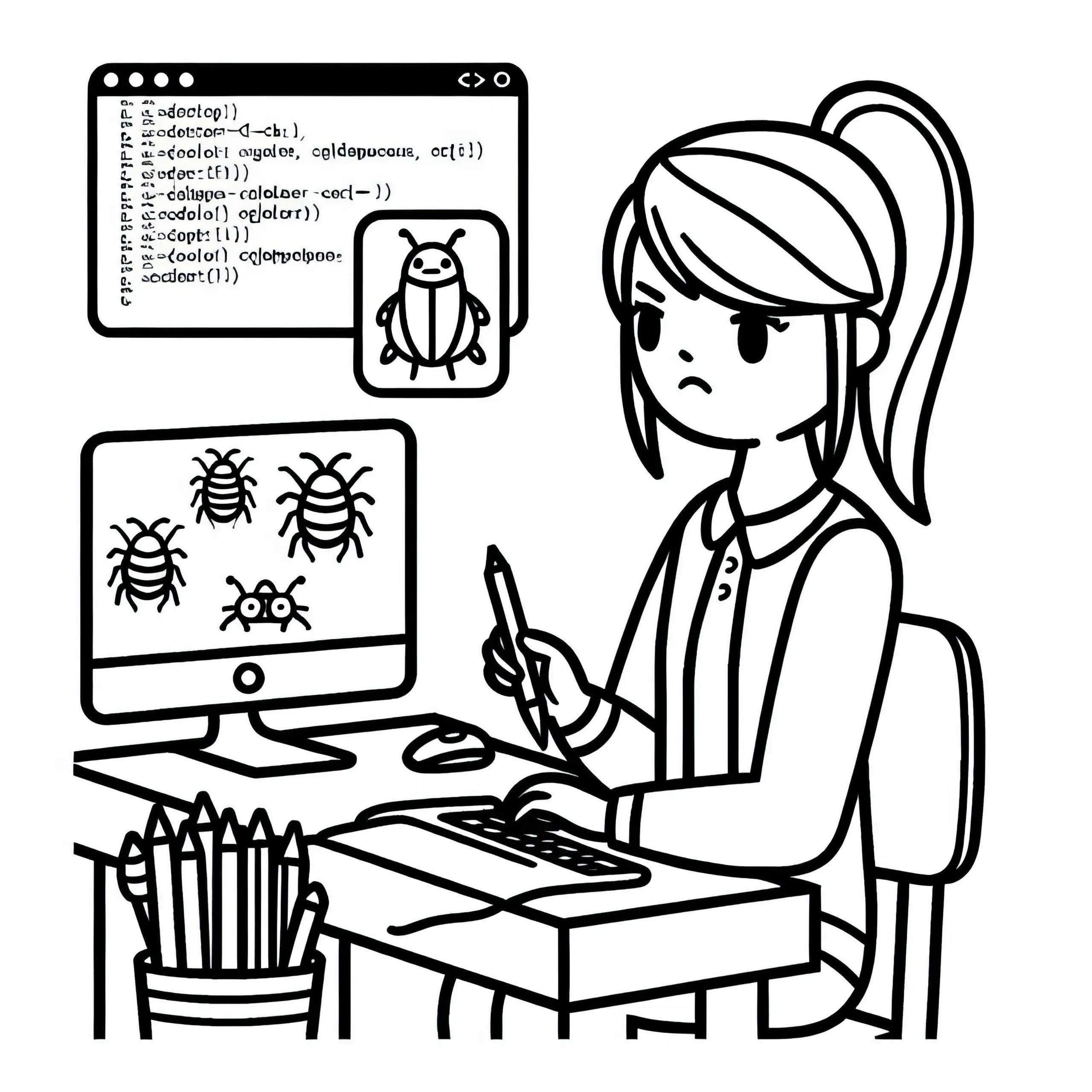 Entwicklerin korrigiert Bugs im Code – Lustige Malvorlage gratis (Ausmalbild)