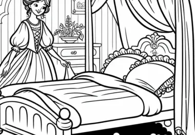 Erbse wird unter Matratzen entdeckt – Ausmalbild Prinzessin auf der Erbse kostenlos