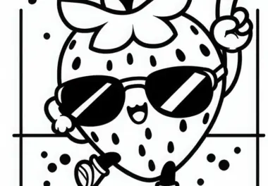 Erdbeere mit Gesicht tanzt zur Musik und trägt Sonnenbrille – Malvorlage Kawaii kostenlos
