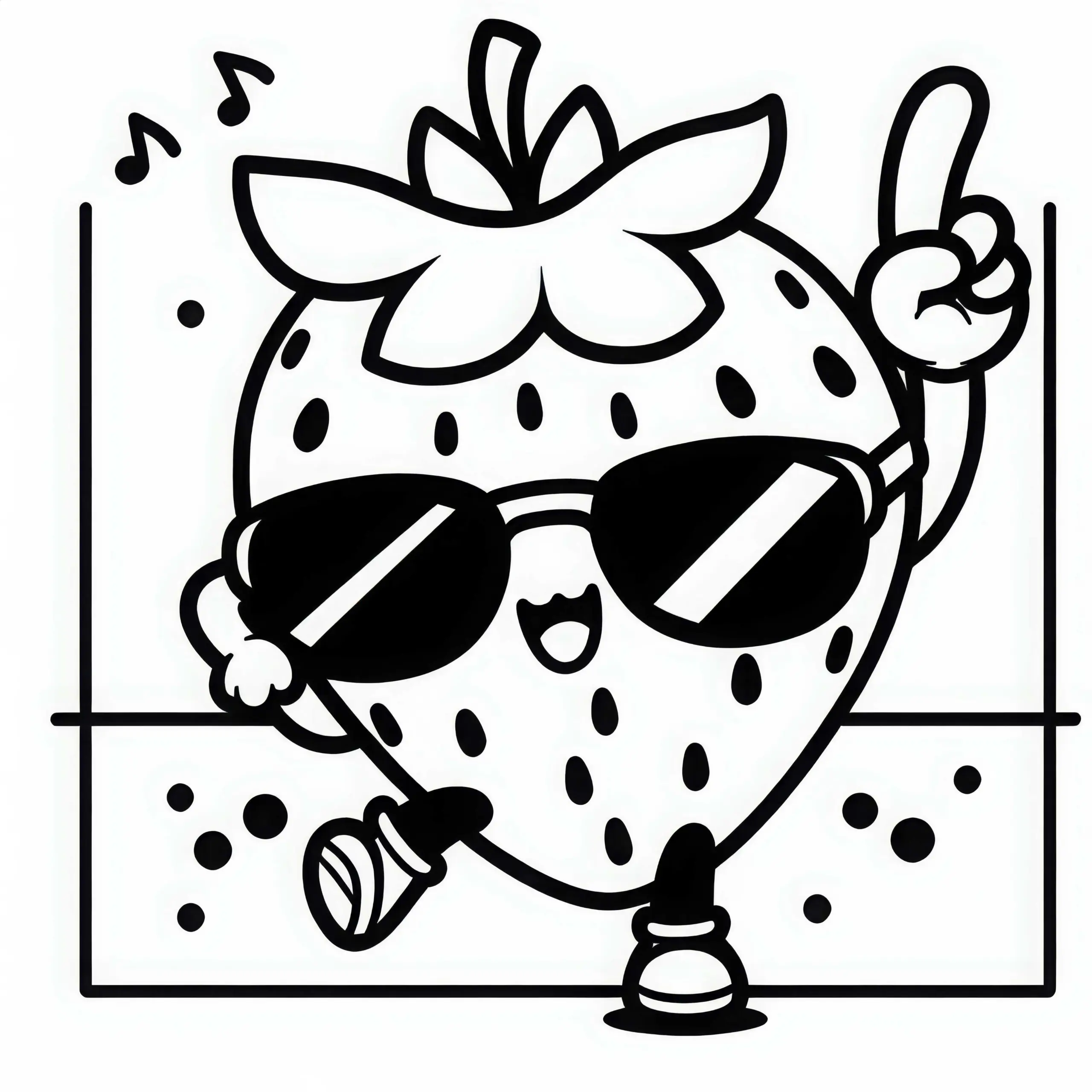 Erdbeere mit Gesicht tanzt zur Musik und trägt Sonnenbrille – Malvorlage Kawaii kostenlos (Ausmalbild)