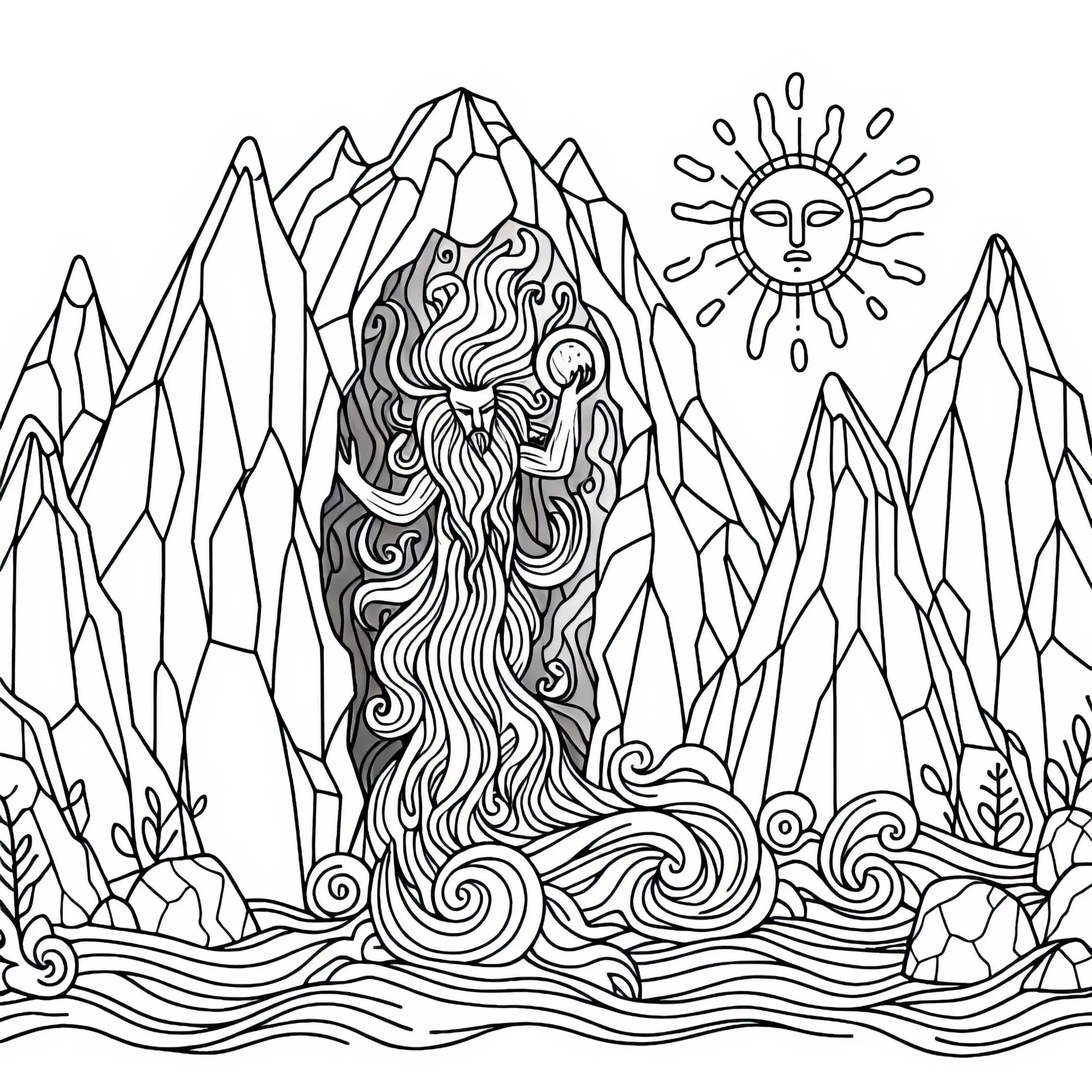 Erdgeist taucht aus einer Bergspalte auf – Malvorlage gratis (Ausmalbild)