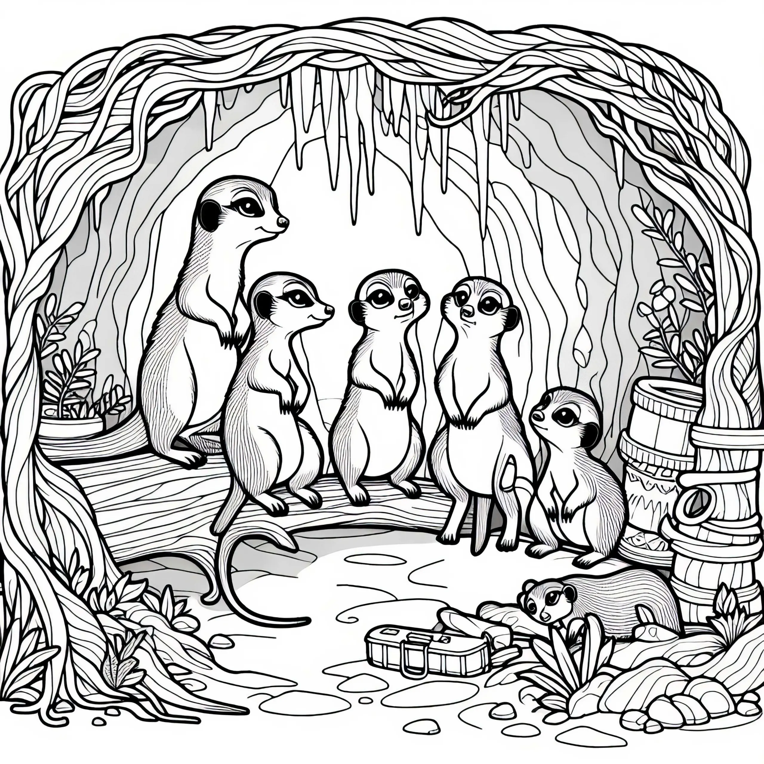 Erdmännchen in Höhle – Ausmalbild gratis herunterladen