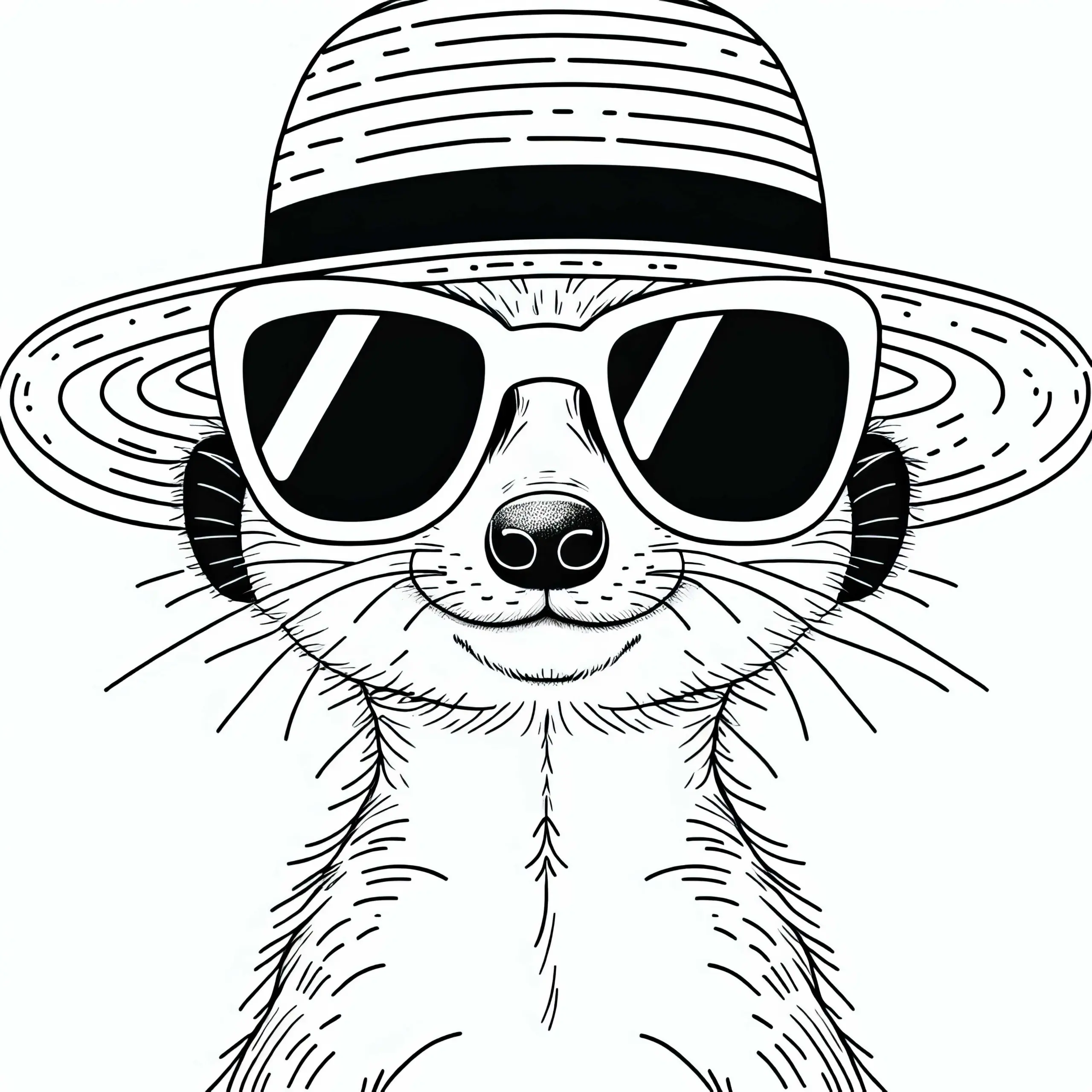 Erdmännchen mit Sonnenbrille und Strohhut – Malvorlage gratis (Ausmalbild)