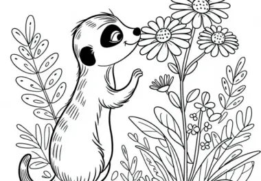 Erdmännchen schnuppert an Blume – Malvorlage kostenlos zum Download