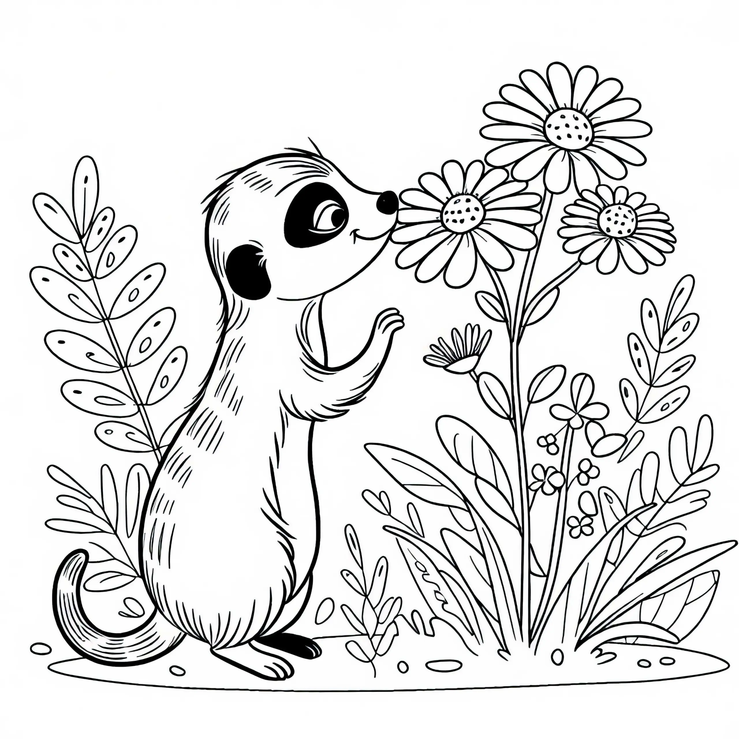 Erdmännchen schnuppert an Blume – Malvorlage kostenlos zum Download (Ausmalbild)