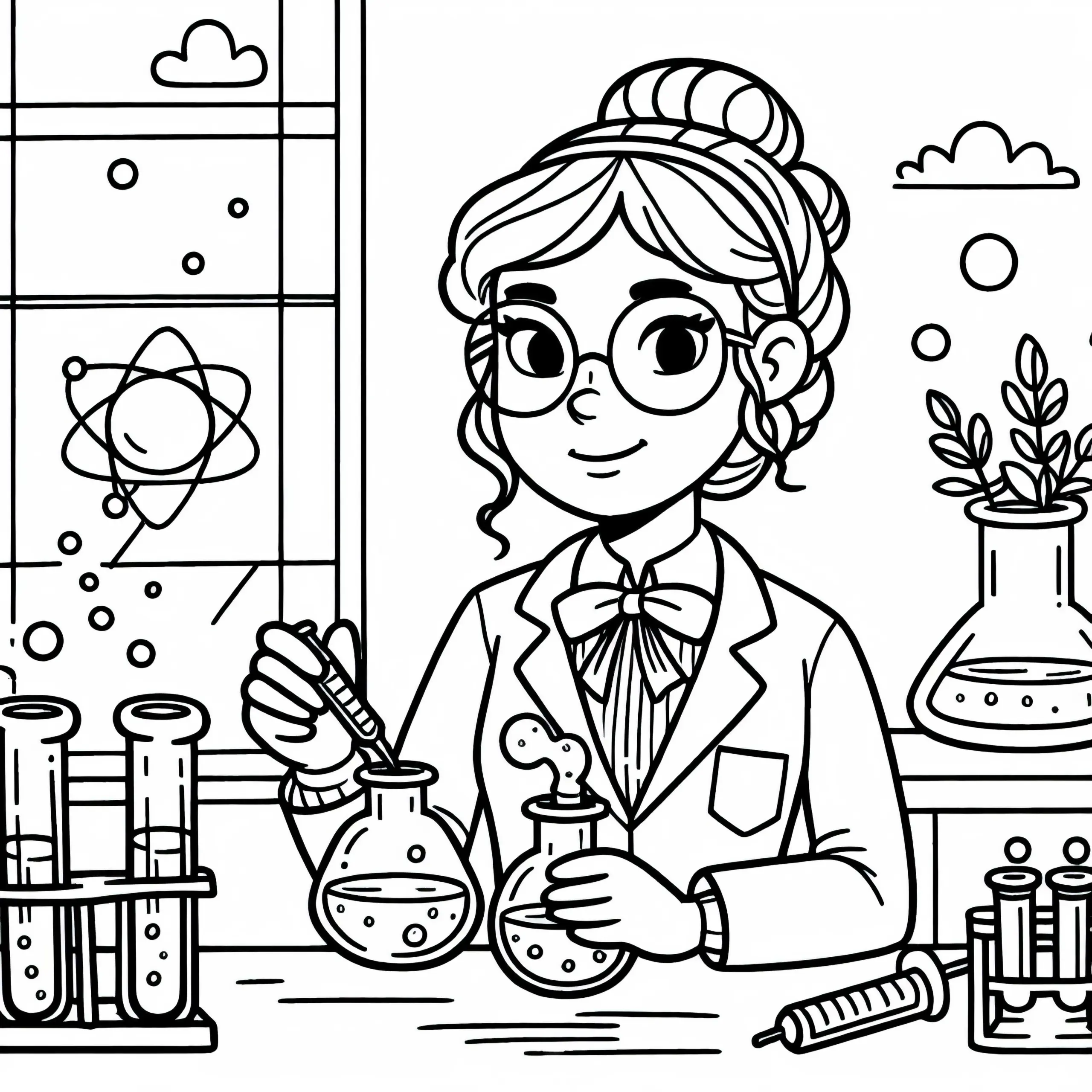Erfinderin experimentiert mit Chemikalien im Labor – Ausmalbild kostenlos