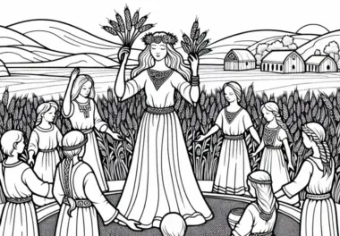 Erntedankfest: Kinder bringen Getreidekörner und tanzen im Kreis – Ausmalbild der Kelten kostenlos