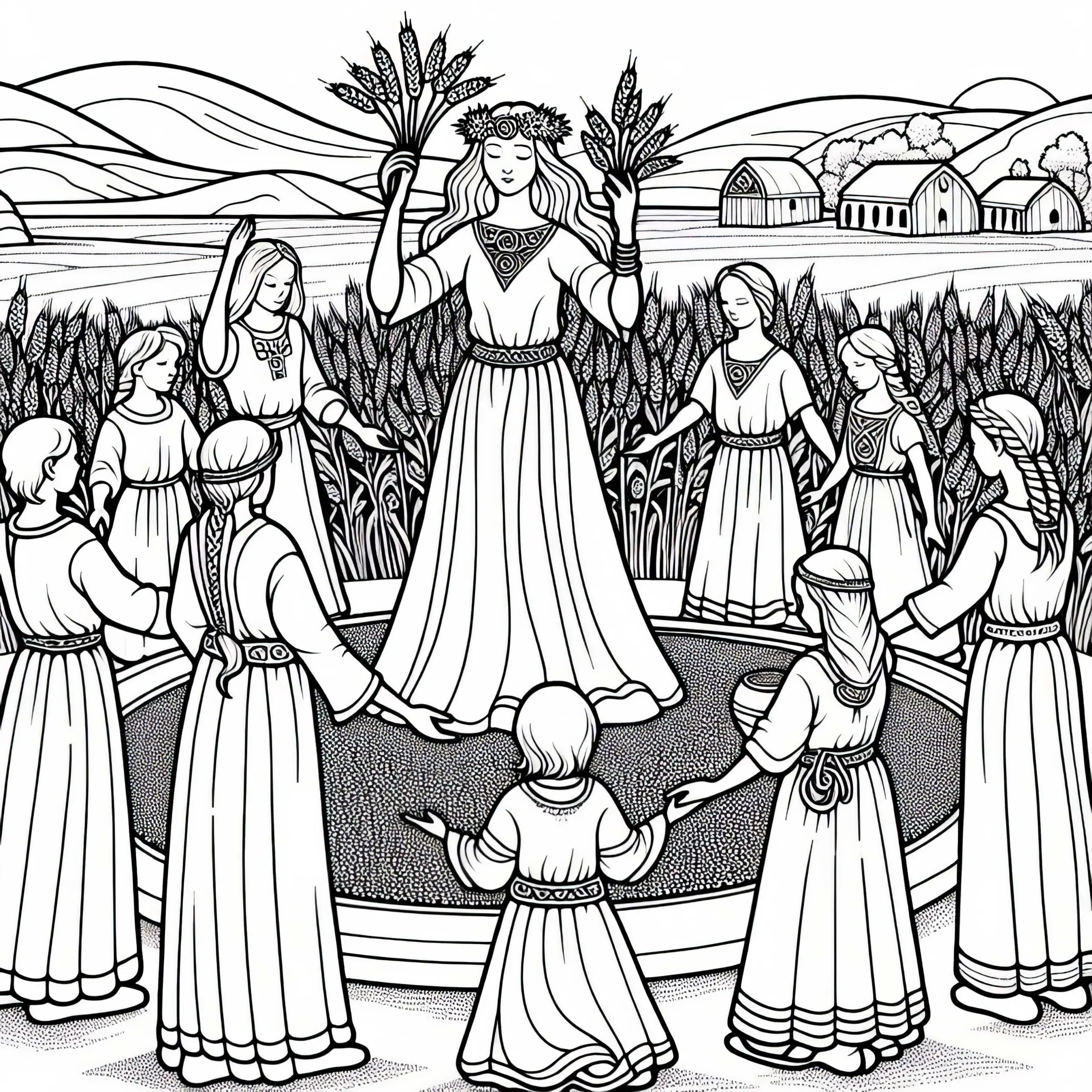 Erntedankfest: Kinder bringen Getreidekörner und tanzen im Kreis – Ausmalbild der Kelten kostenlos