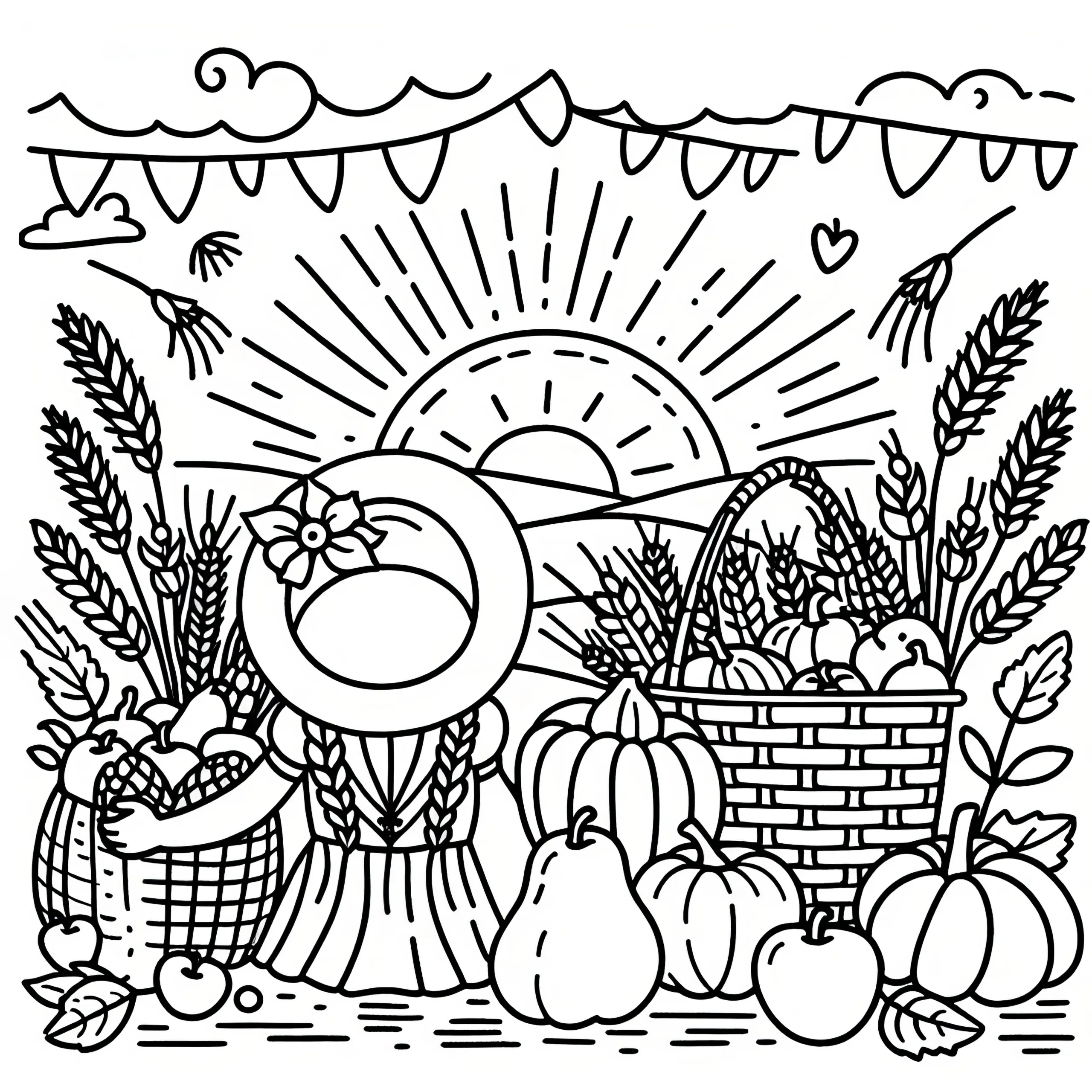 Erntedankfest mit prall gefüllten Körben im Oktober: Malvorlage zum Download (Gratis) (Ausmalbild)