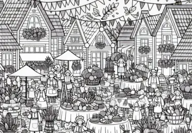 Erntefest im Dorf – Wimmelbild und Ausmalbild zur Herbsternte kostenlos herunterladen