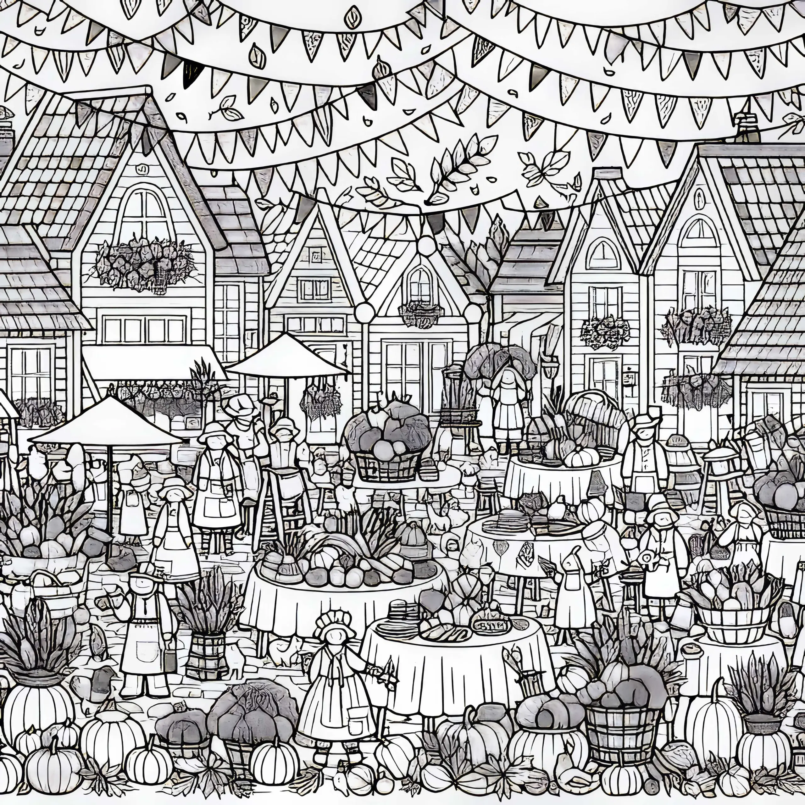 Erntefest im Dorf – Wimmelbild und Ausmalbild zur Herbsternte kostenlos herunterladen