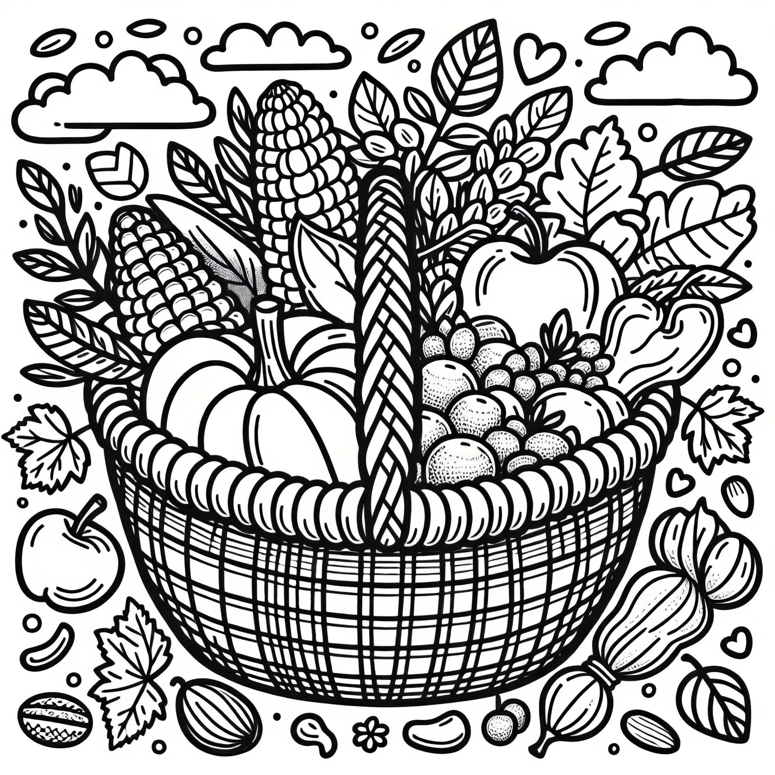 Erntekorb mit Obst, Gemüse, Nüssen und Getreide: Ausmalbild zum Erntedankfest (Kostenlos)