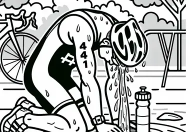 Erschöpfter Athlet kühlt sich beim Triathlon mit Wasser im Zielbereich – Malvorlage gratis